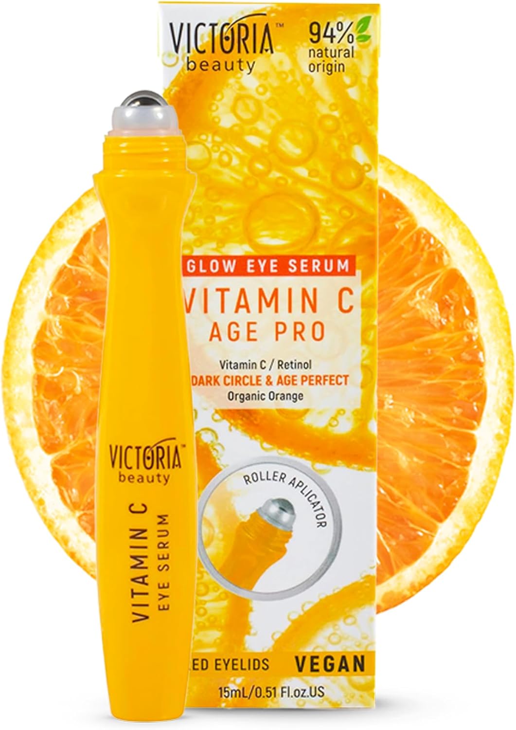 Victoria Beauty Vitamin C Eye Serum Roller - for Dark Circles, Puffy Eyes and Eye Bags - with Retinol and Vitamin E - 94% Natural, 15ml