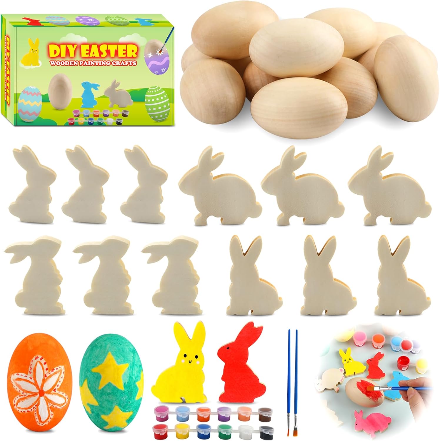 Easter Egg Painting Kit, 24pcs Wooden Eggs and Bunny for Easter Crafts Basket Stuffers Gifts for Kids Toddlers Boys Girls Ages 4-8 8-12 Birthday Party Favors Classroom Prizes DIY Decor