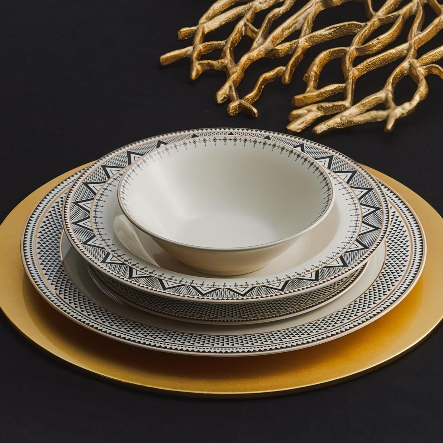 Karaca Globe 24-Piece Dinnerware Set for 6 People - Kitchen Dish Set for Salad, Soup, Pasta, Noodle & More - Modern Chic Porcelain Dishware Plate Set (White with Black Triangle Design)