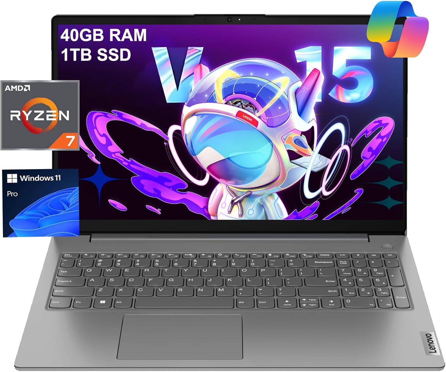 Lenovo Laptop V15 for Business, Home, Student (15.6" FHD, AMD Ryzen 7 7730U (Beat Intel i7-1355U), 40GB RAM, 1TB SSD), Numeric Keypad, Webcam w/Shutter, RJ-45, Win 11 Pro w/AI Copilot, Grey