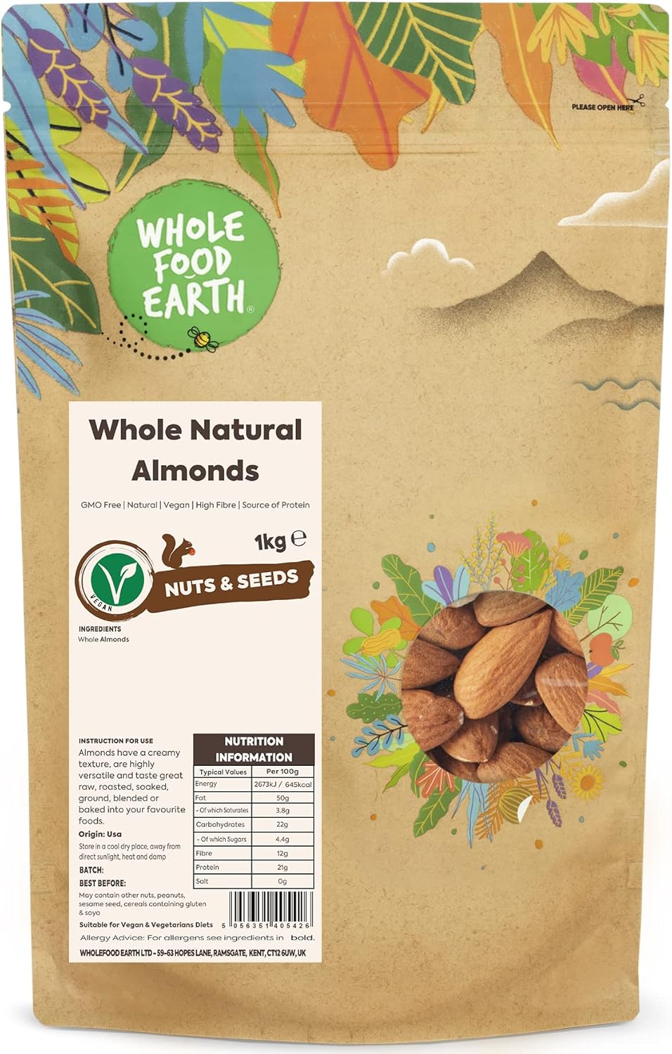 Wholefood Earth Whole Natural Almonds 1 kg | GMO Free | Natural | High Fibre | Source of Protein