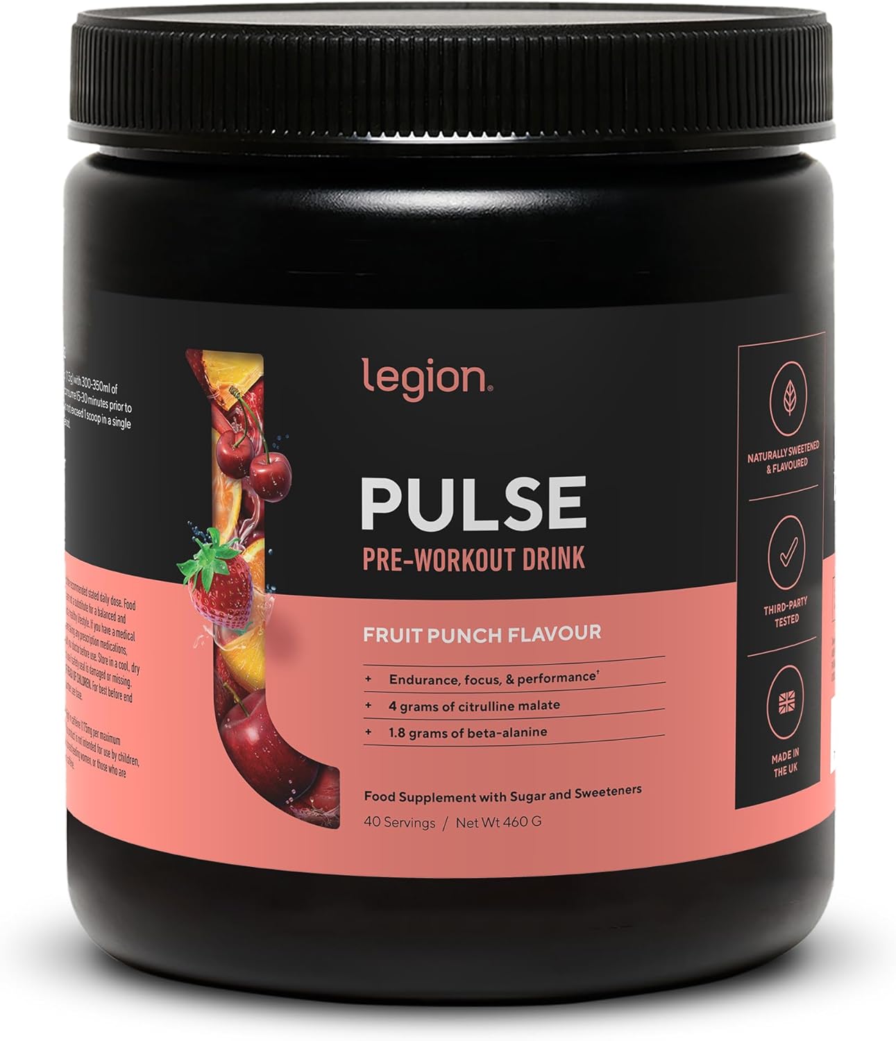 LEGION Pulse Pre Workout Supplement - All Natural Nitric Oxide Preworkout Drink to Boost Energy, Creatine Free, Naturally Sweetened, Beta Alanine, Citrulline, Alpha GPC (Fruit Punch)