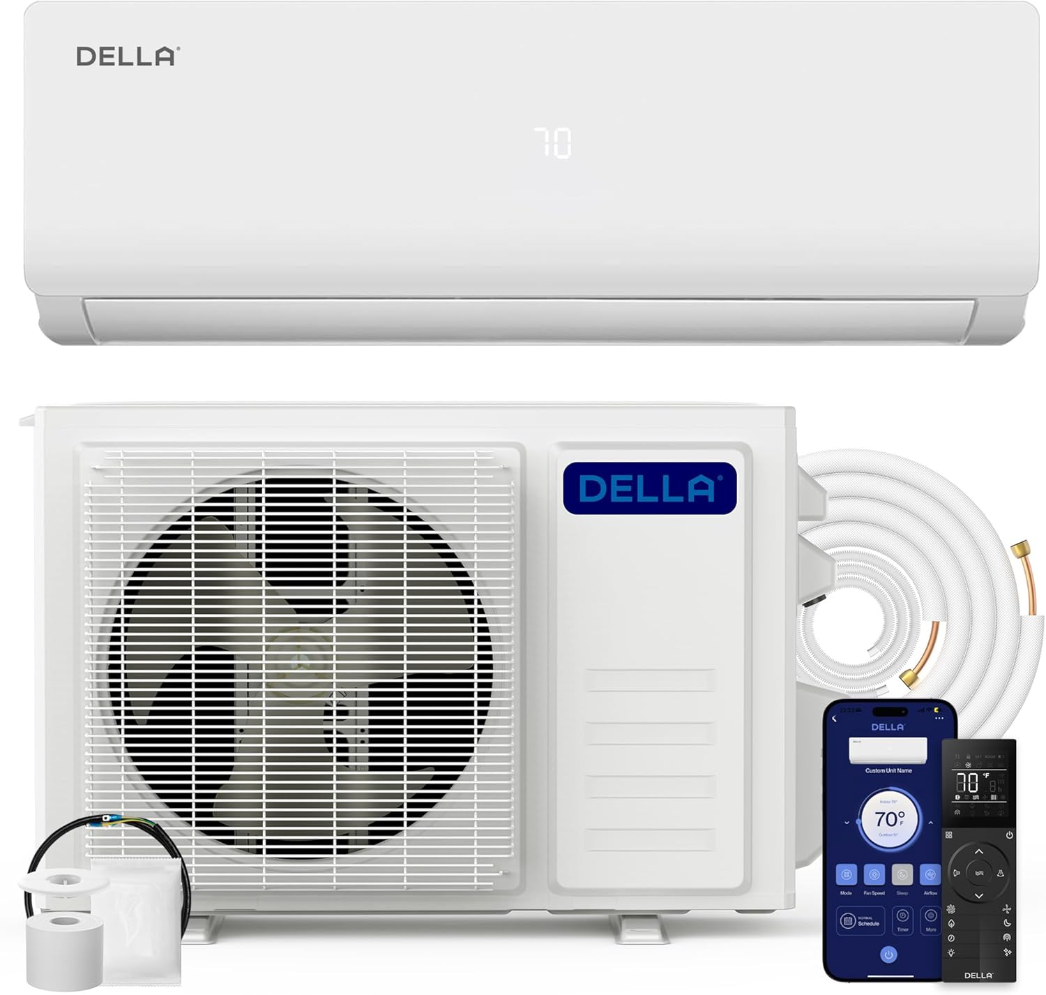 DELLA Vario Series 12000 BTU Mini Split Air Conditioner Work with Alexa with 1 Ton Pre-Charged Heat Pump Ductless Inverter System, 19 SEER2, Cools Up to 550 Sq. Ft,16.4ft installation kit included