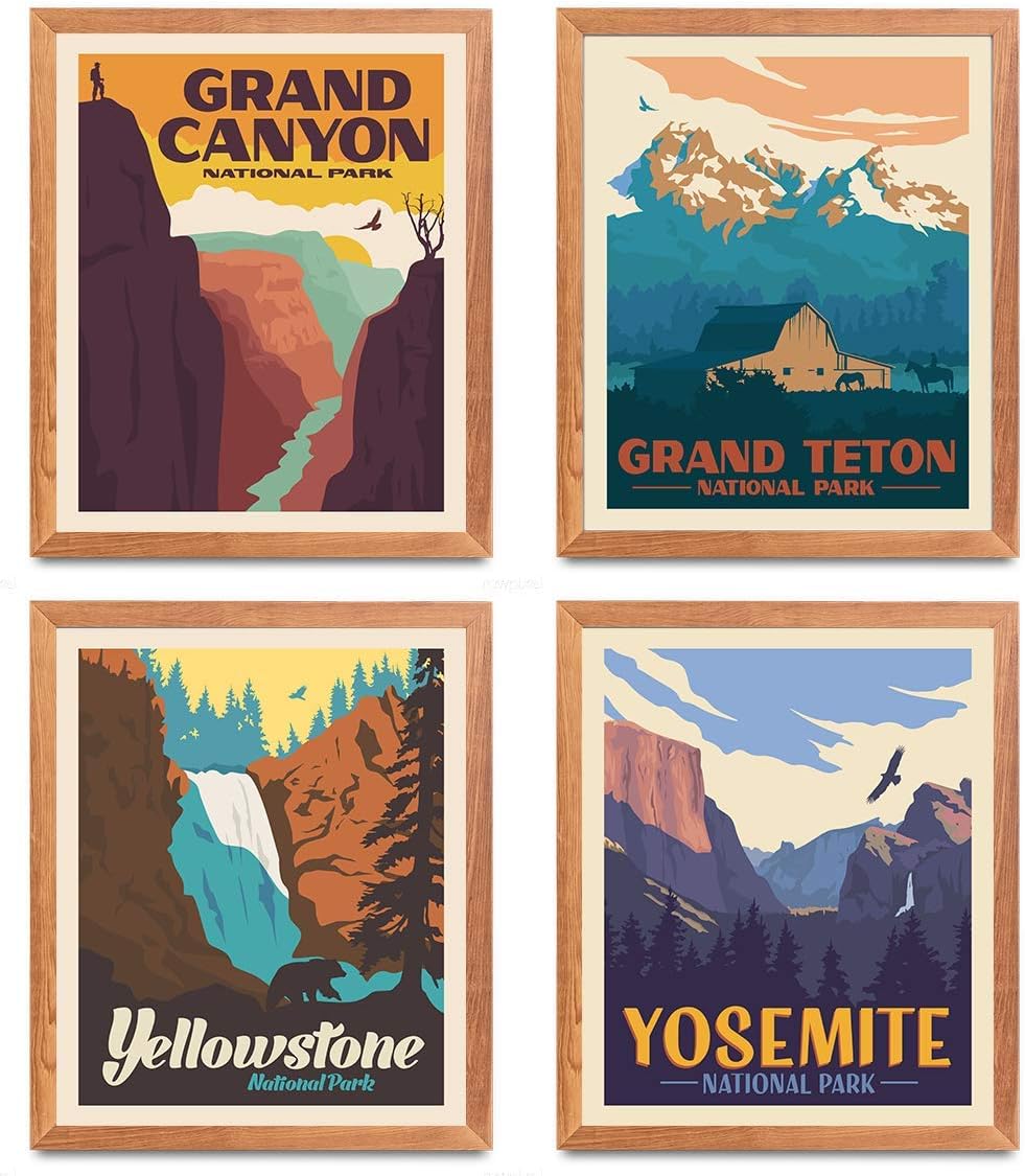 HerZii Prints National Park Posters & Prints - Set Of 4 Vintage National Parks Poster | Nature Wall Art Decor | Mountain Travel Posters (8"x10" UNFRAMED)