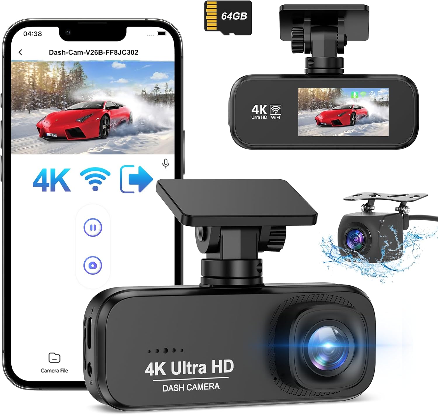 DYNACAM Dash Cam Front and Rear 4K+1080P, WiFi Dash Cam Free 64GB Card, G-Sensor, Car Camera 24H Parking Mode, Super Night Vision Dashcam, Car on-dash Support 256GB Max