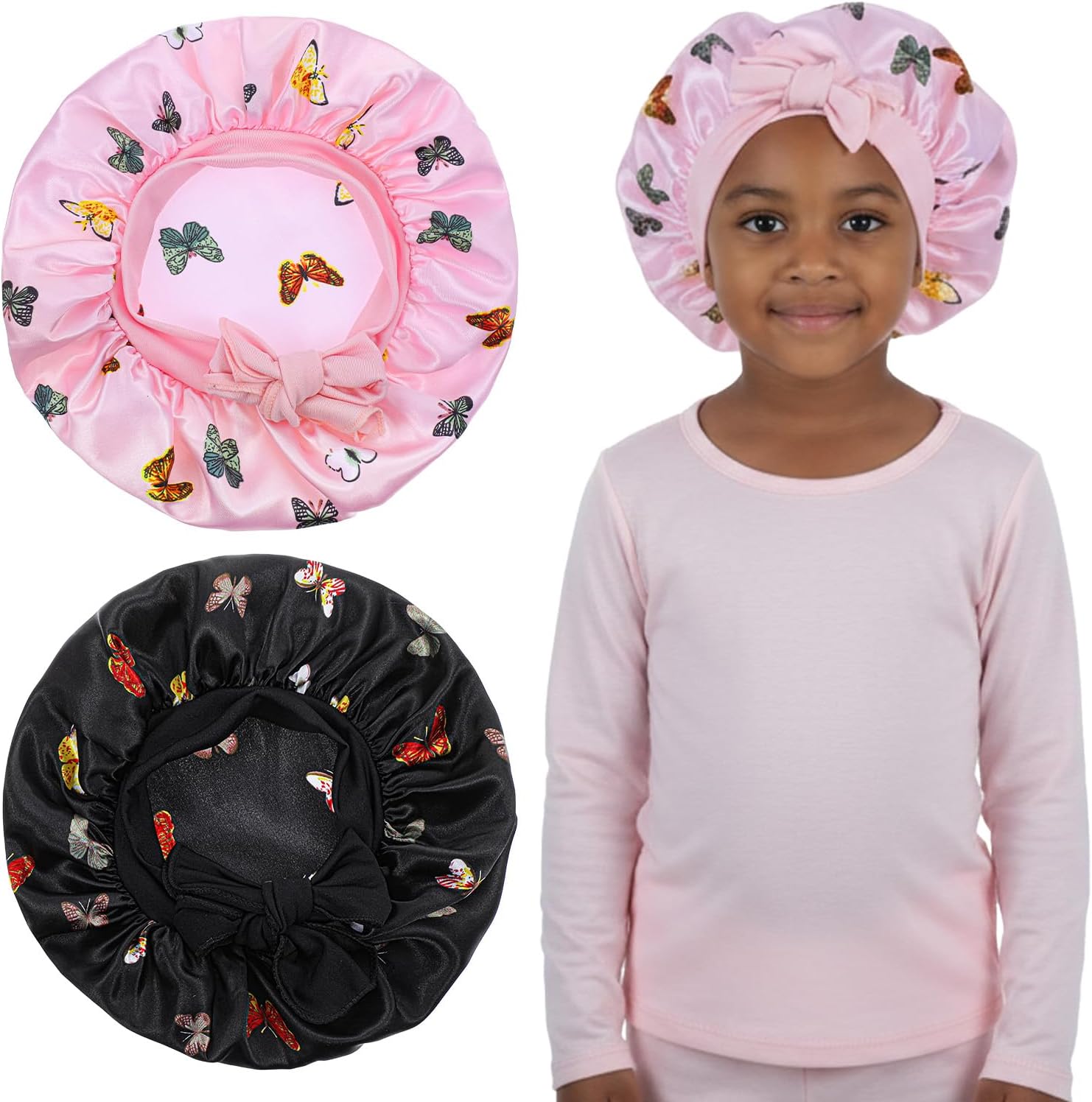 2 Pcs Hair Bonnet for Sleeping Silk Bonnet for Sleeping Kids Adjustable Satin Bonnets Elastic Sleep Cap Silk Sleep Head Cover for Baby Girls Boys Teens Toddler Kids Child Curly Hair (Pink & Black)