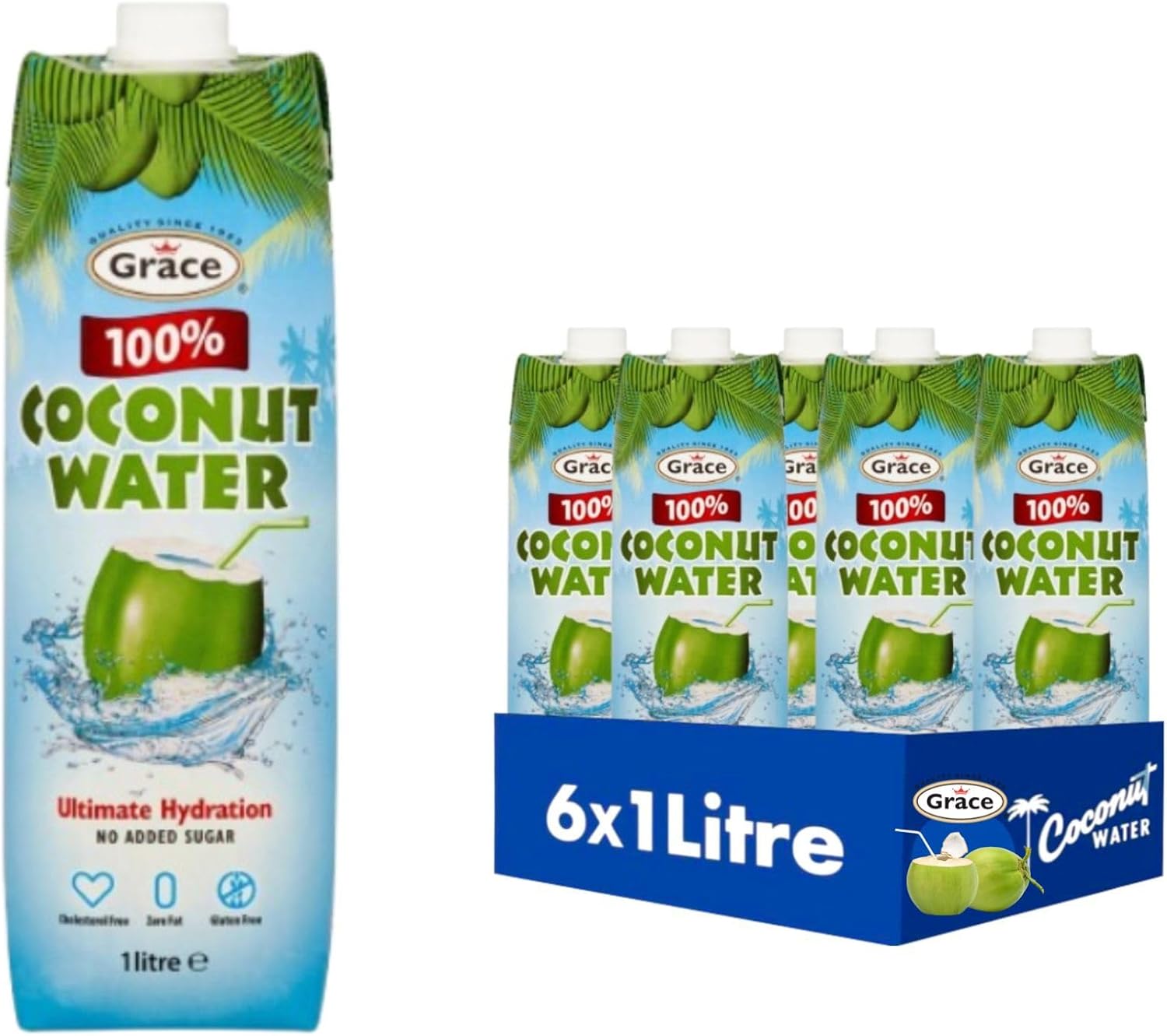 Grace 100% Coconut Water 1 Ltr | PACK OF 6 | No Added Sugar | Ultimate Hydration | Zero FAT | Suitable for VEGETARIANS | Tetra Pack.