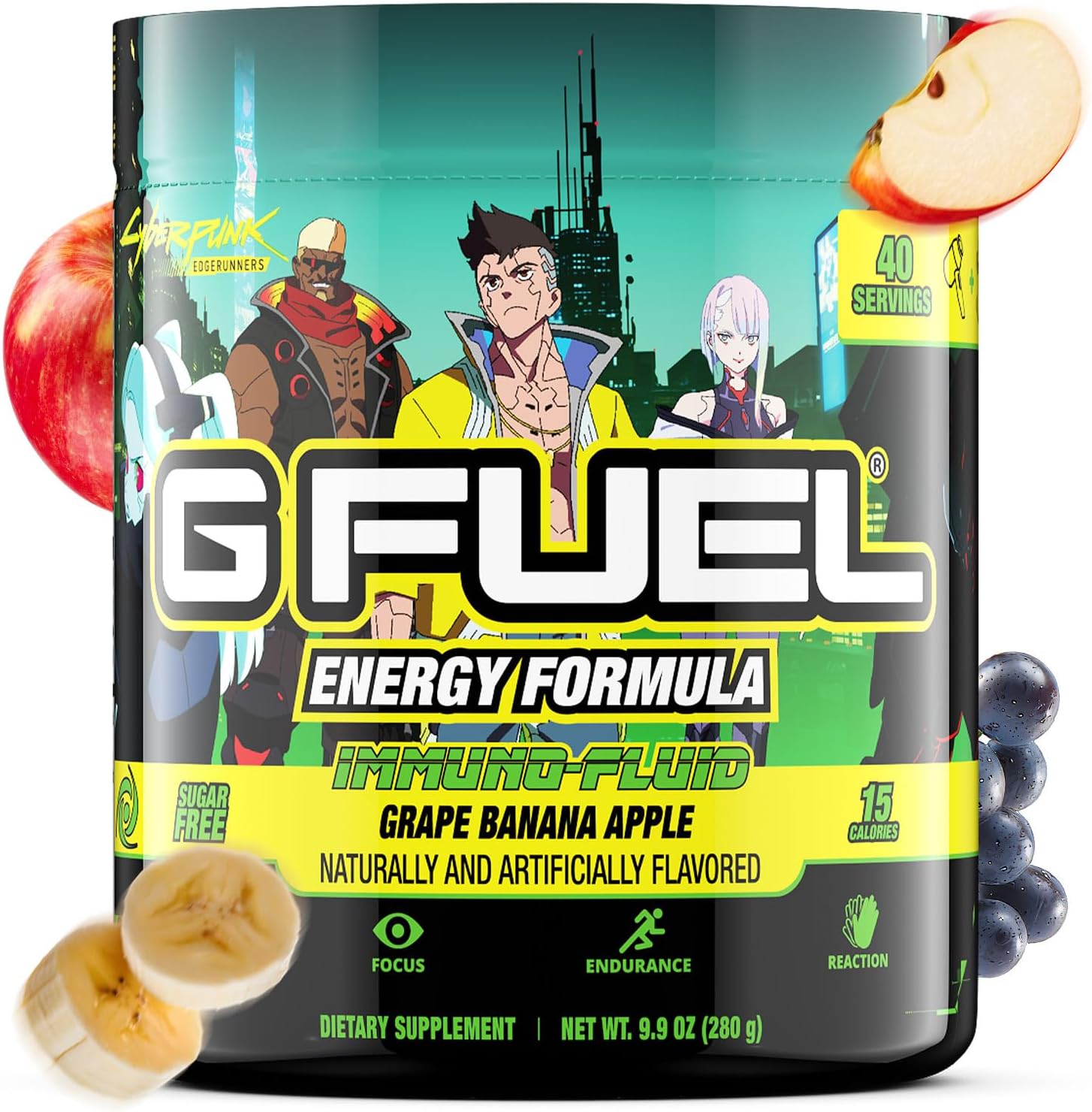 G fuel Cyberpunk Edgerunners Energy Powder, Pre Workout Caffeine Mix for Gaming, Sugar Free Focus Amino, Vitamin + Antioxidants, 9.9oz (Grape Banana Apple, 40 Servings)