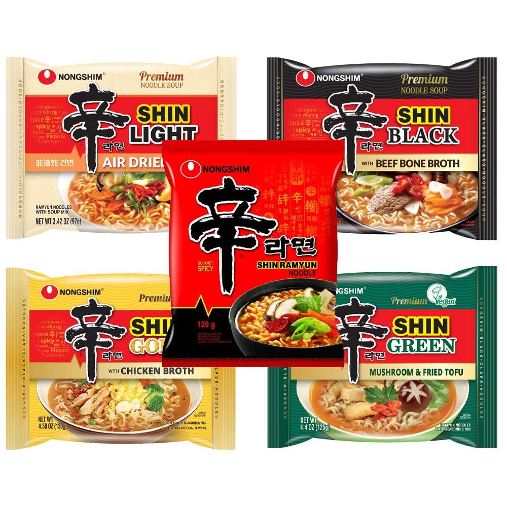 BOX OF LIFE Nongshim Gourmet Spicy Shin Instant Ramen Noodle 5 Flavor Combo (Shin Ramen, Shin Black Ramen, Shin Light Air Dried Noodle, Shin Ramen Green Mushroom&Fried Tofu, Shin Ramen Gold with Chicken Broth) Korean Ramen Set