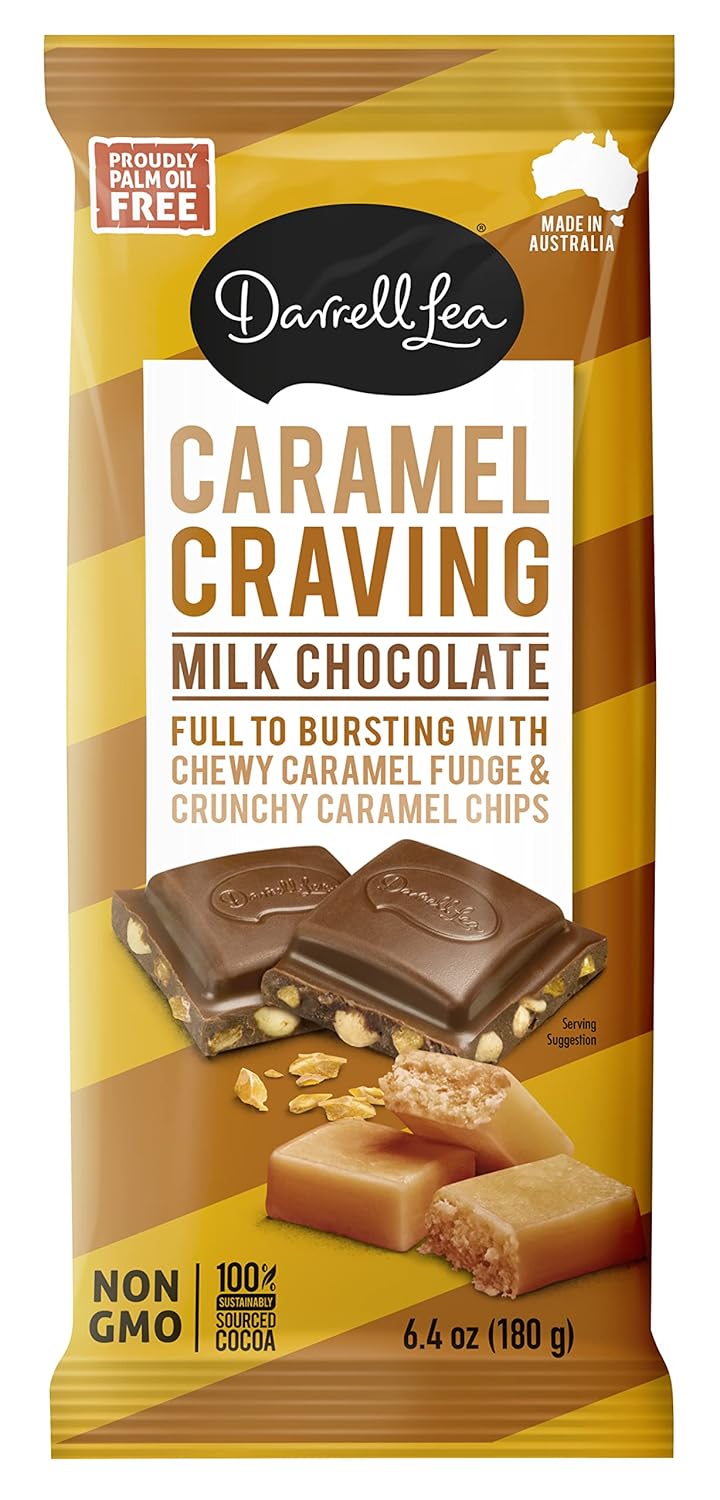 Darrell Lea Caramel Craving Chocolate Bar, Premium 6.4 Ounce Chocolate Bar Filled with Caramel Fudge & Caramel Chips | 100% Sustainably Sourced Cocoa | Palm Oil Free, Non-GMO, Made in Australia