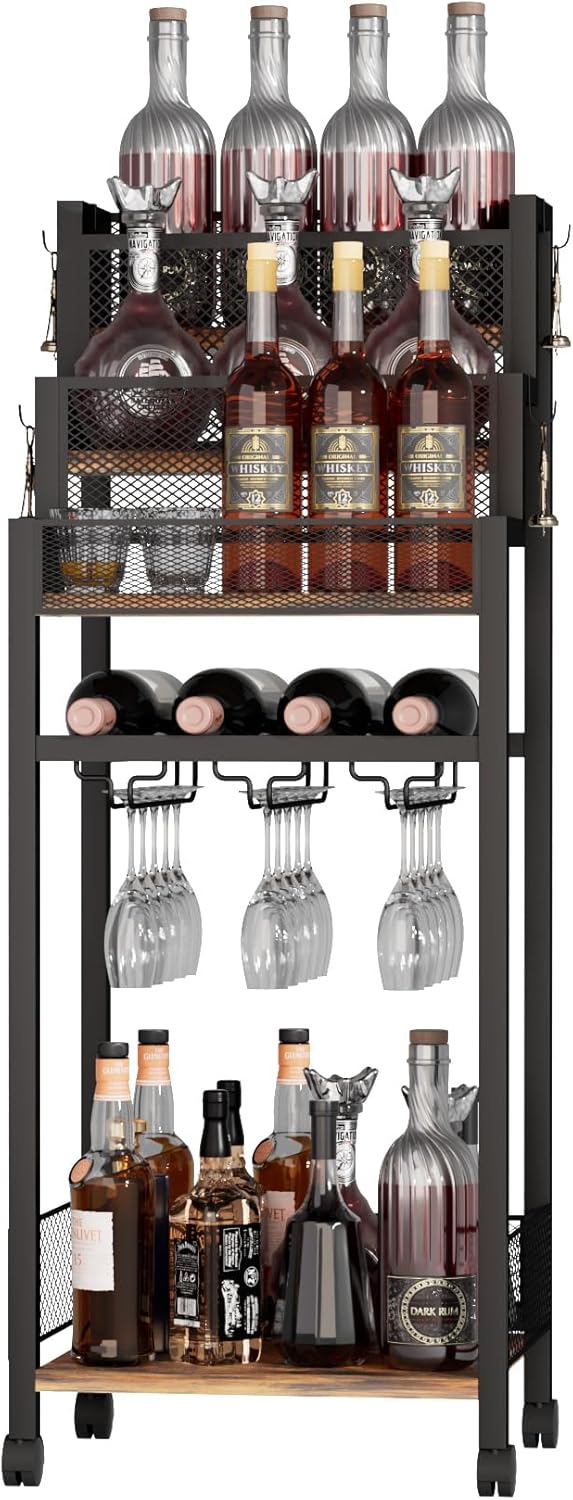 Bar Cart with 3-Tier Shelf, Home Bar Serving Cart, Drink Cart with Wheels, Microwave Cart, Rolling Bar Carts for Kitchen, Bar, or Cellar