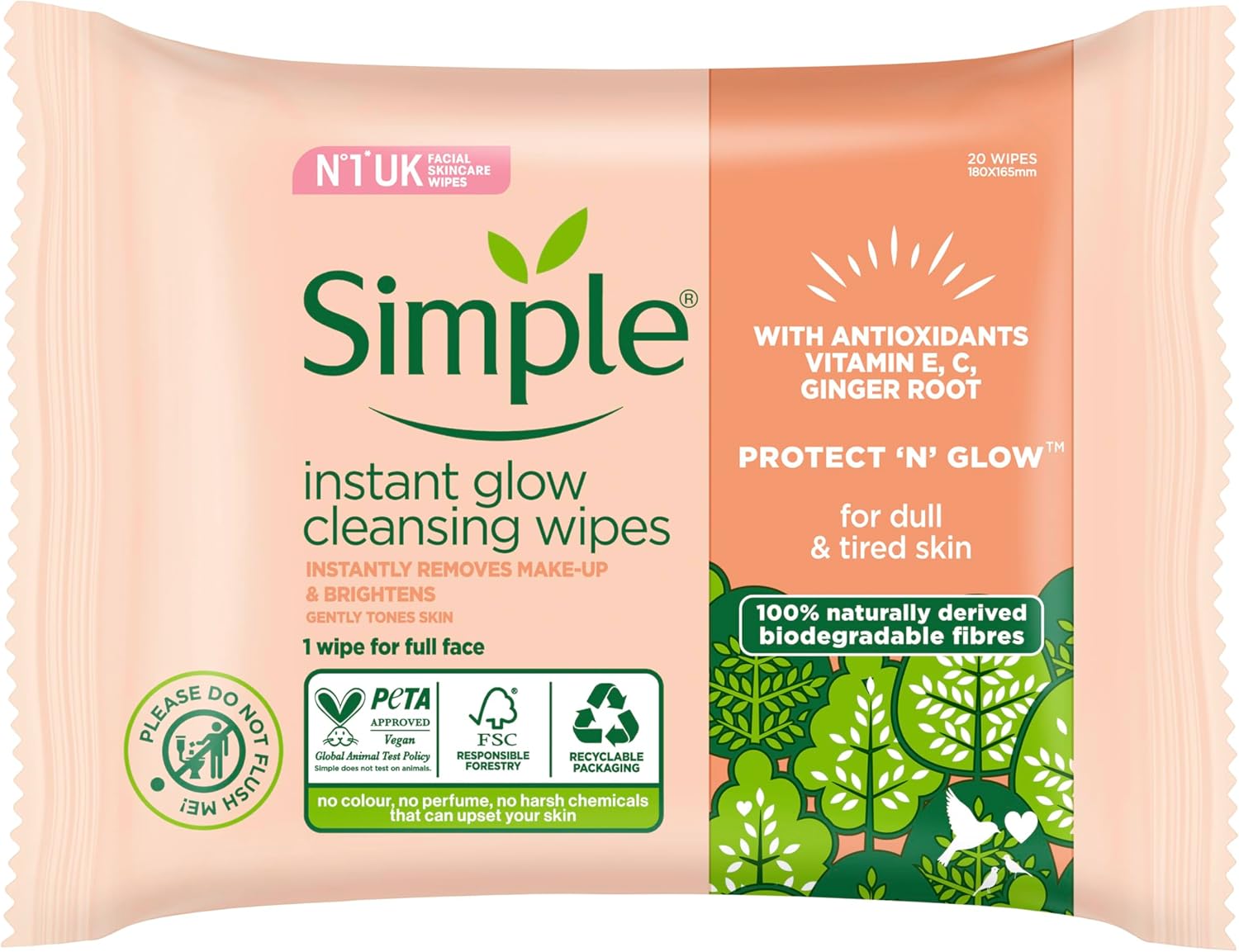 Simple Protect ‘N’ Glow Instant Glow Biodegradable Wipes dermatologically tested for sensitive skin 20 wipes