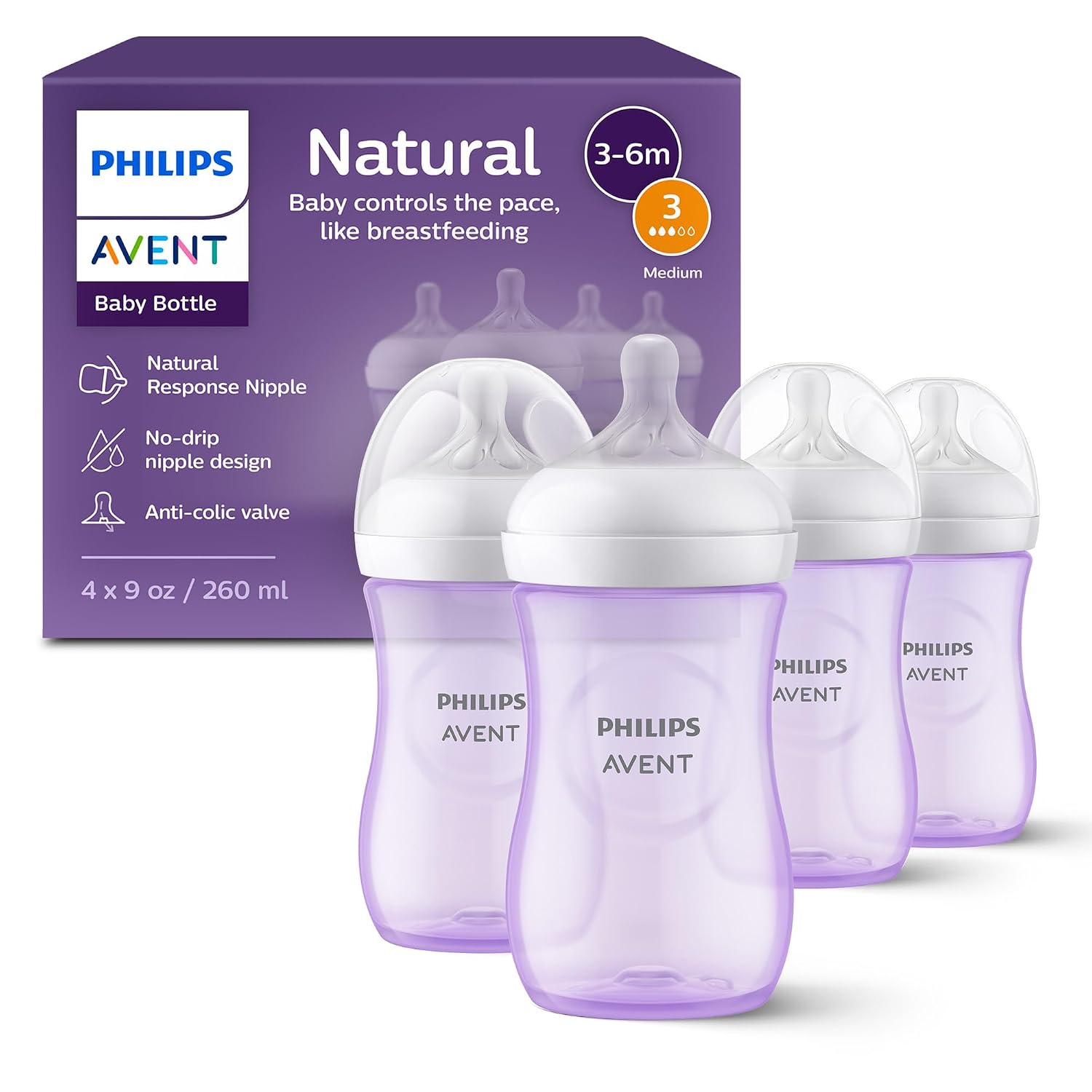 Philips Avent Natural Baby Bottles, Medium Flow, 9 oz, BPA-Free, 4-Pack