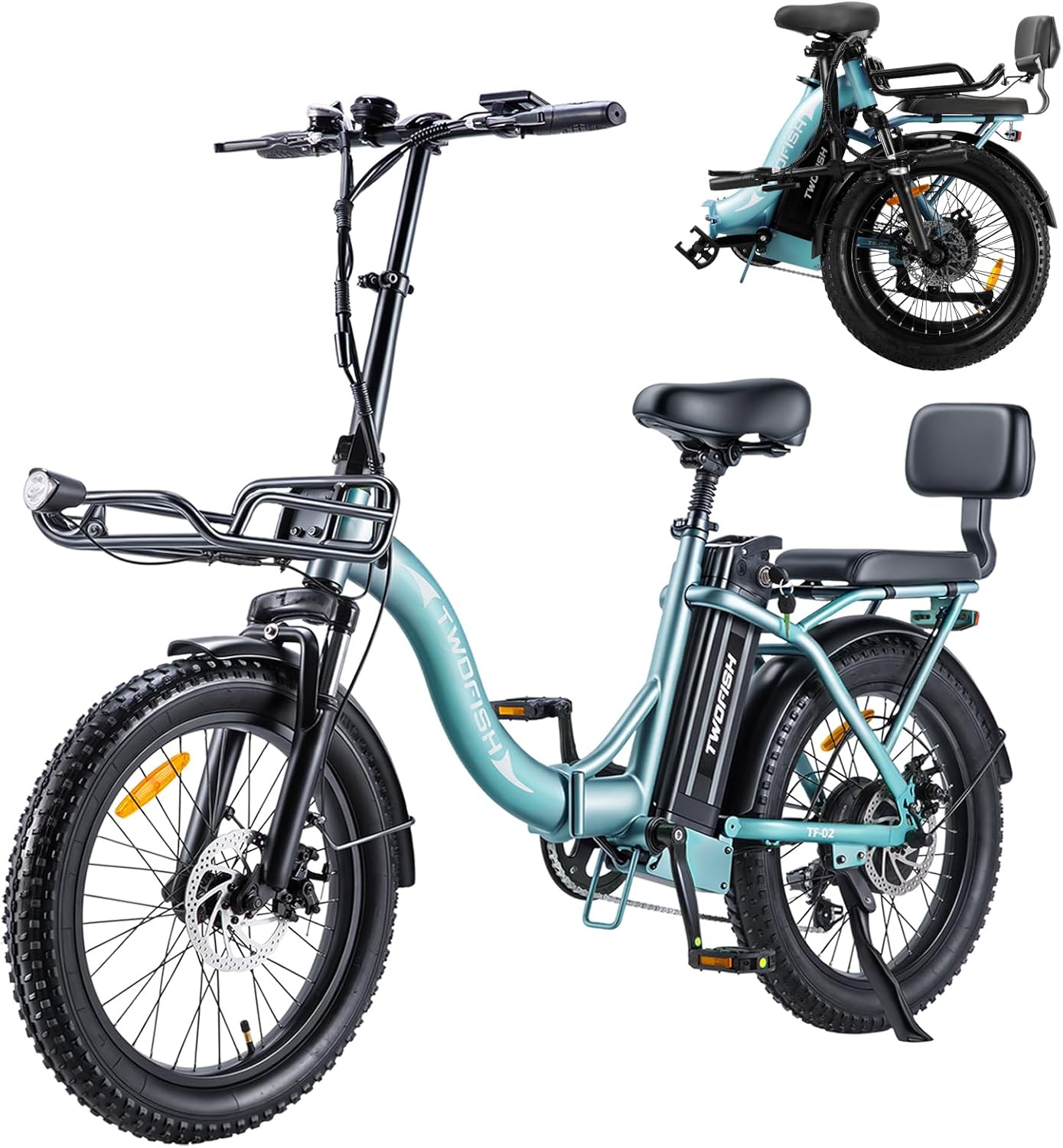 TWOFISH Electric Bike for Adults, 20"*3.0" Fat Tire Folding Electric Bicycle with 36V 17.8AH Removable Battery 7 Speed 25km/h 80-100km Range Disc Brake IP54 Waterproof, TF-2