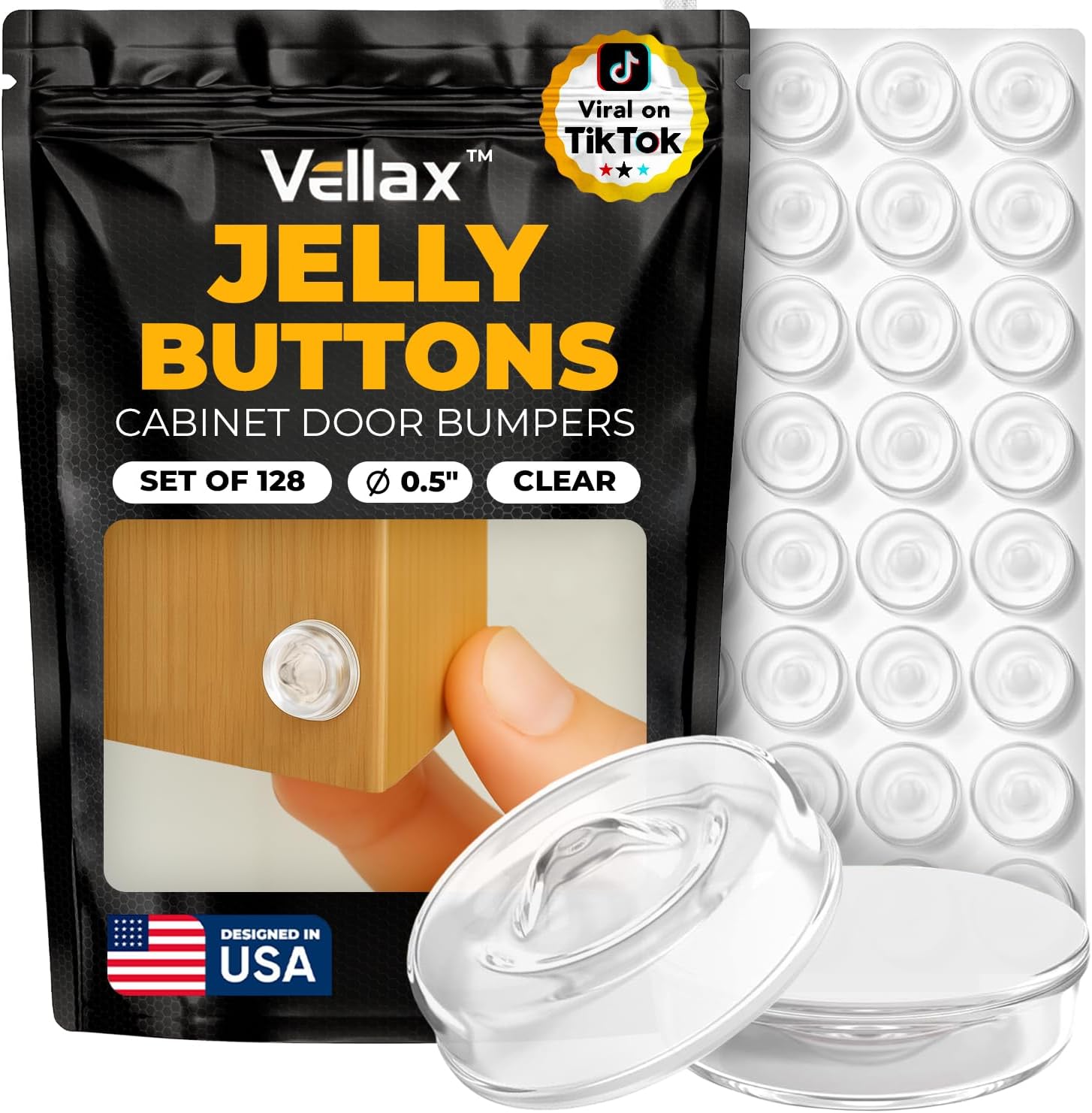 128 Self Adhesive Cabinet Door Bumpers – Sticky Clear Silicone Rubber Pads for Furniture Drawers, Kitchen Cabinets, Decor, Wall Protection – Vellax