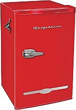 Frigidaire Retro Compact Fridge with Chiller, 3.2 cu ft Countertop Fridge with Built-In Bottle Opener, Compact Refrigerator for Office, Bedroom, Dorm Room or Cabin - 16.5"D x 19"W x 31"H (Red)