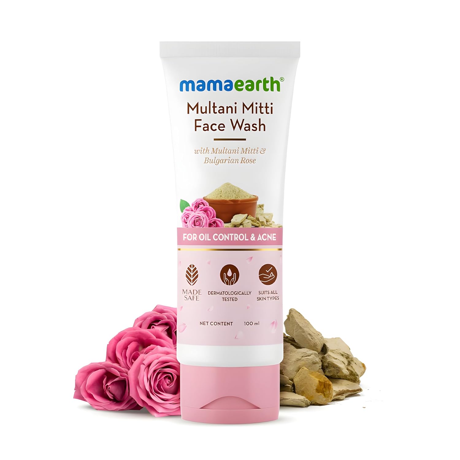 MAMAEARTH Multani Mitti Face Wash for Acne & Oil Control | Gently Cleanses Sebum & Reduces Acne | Non-Drying Formula | with Bulgarian Rose | 3.38 Fl Oz (100ml)