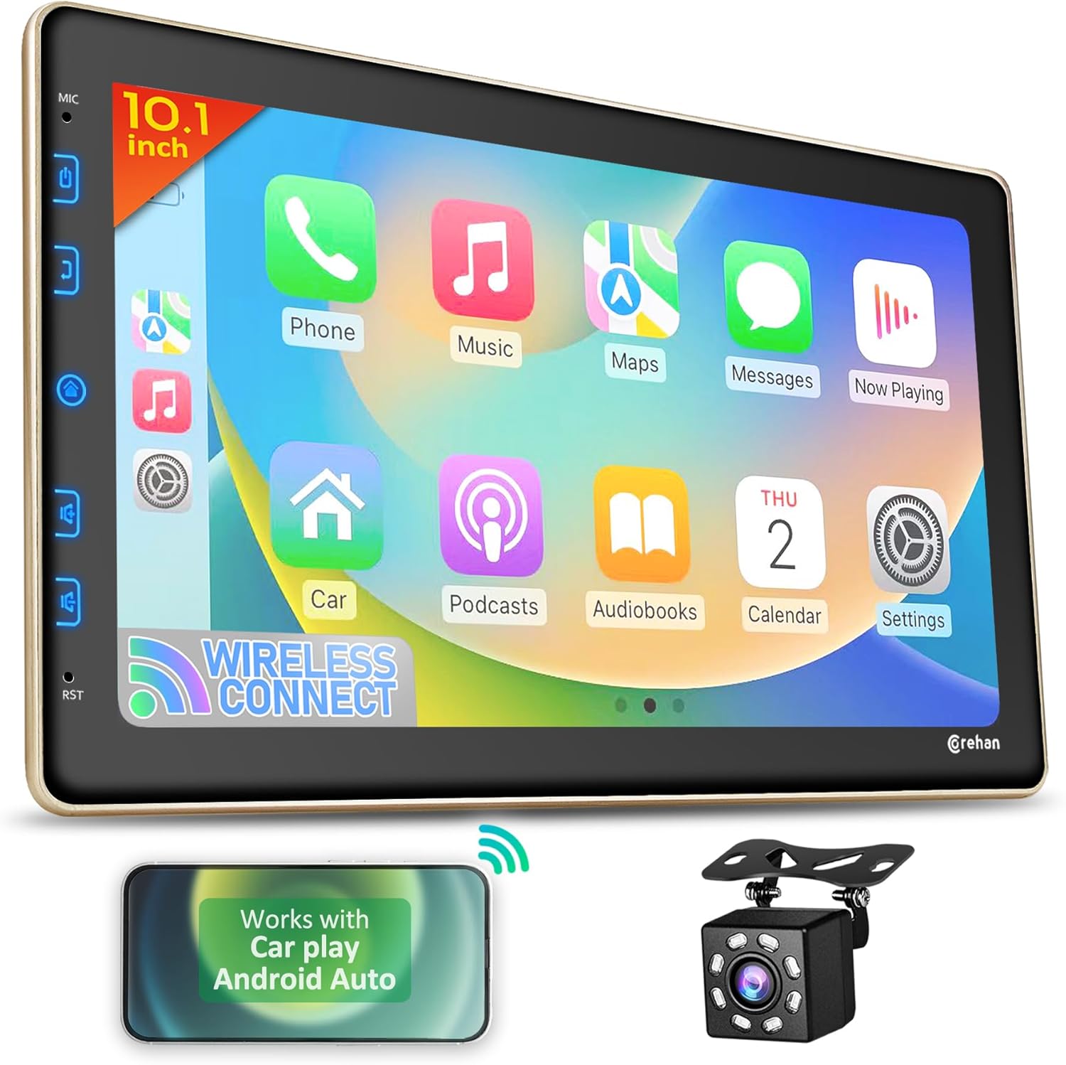 COREHAN Double Din Car Stereo - 10"" Touchscreen Car Stereo with Bluetooth, Backup Camera, Car Audio, Car Radio - Compatible with Wireless CarPlay & Android Auto, Mirror Link, Gold