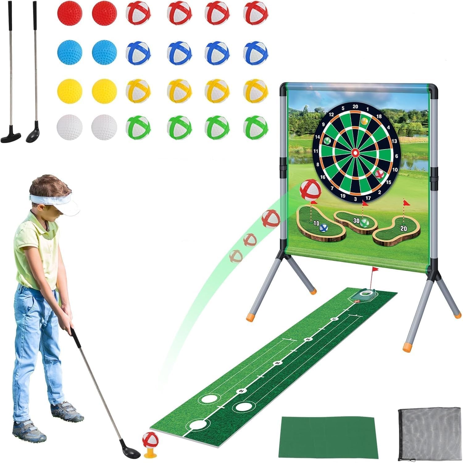 Ark miido Portable Golf Game Set for Kids, with Chipping Golf Play Mat, Hitting Mats, and Golf Training Aid Equipment for Outdoor & Indoor