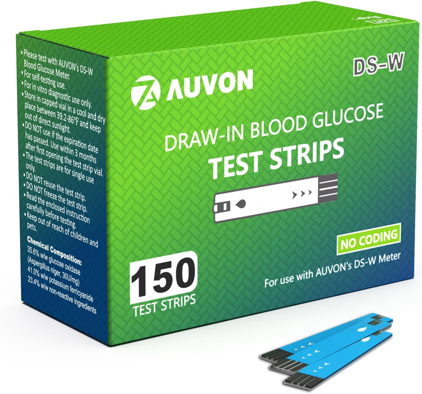 AUVON DS-W Draw-in Blood Glucose Test Strips for use with AUVON DS-W Diabetes Sugar Testing Meter (No Coding Required, 150 Count)
