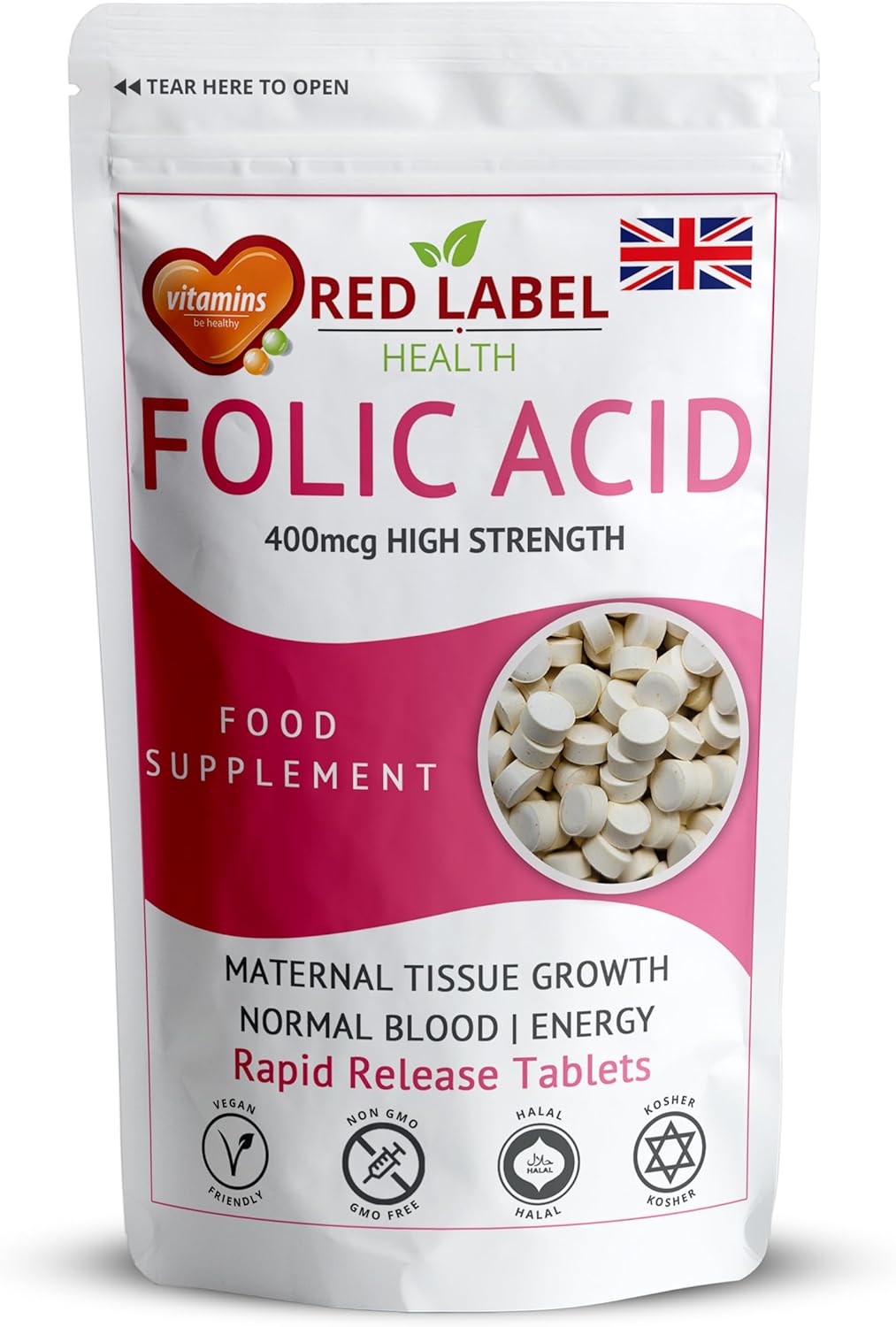 Folic Acid 400 mcg Tablets, 365 Vitamin B9 Tablets (1 Year Supply), Folate Fertility Supplement for Women, Vegan, Vegetarian, Supports Maternal Tissue Growth, Made in The UK