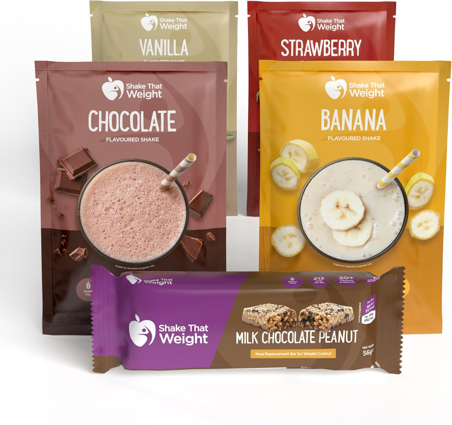 Shake That Weight Meal Replacement Shakes - Diet Shakes - 1 Week Supply. 7x Chocolate Peanut Bars - 4x Chocolate Shakes, 4x Vanilla Shakes, 3x Strawberry Shakes, 3x Banana Shakes