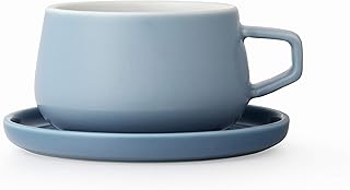 VIVA Ella Hazy Blue Porcelain Coffee, Latte, Cappuccino Cup with Saucer Set, 9 oz / 260 ml