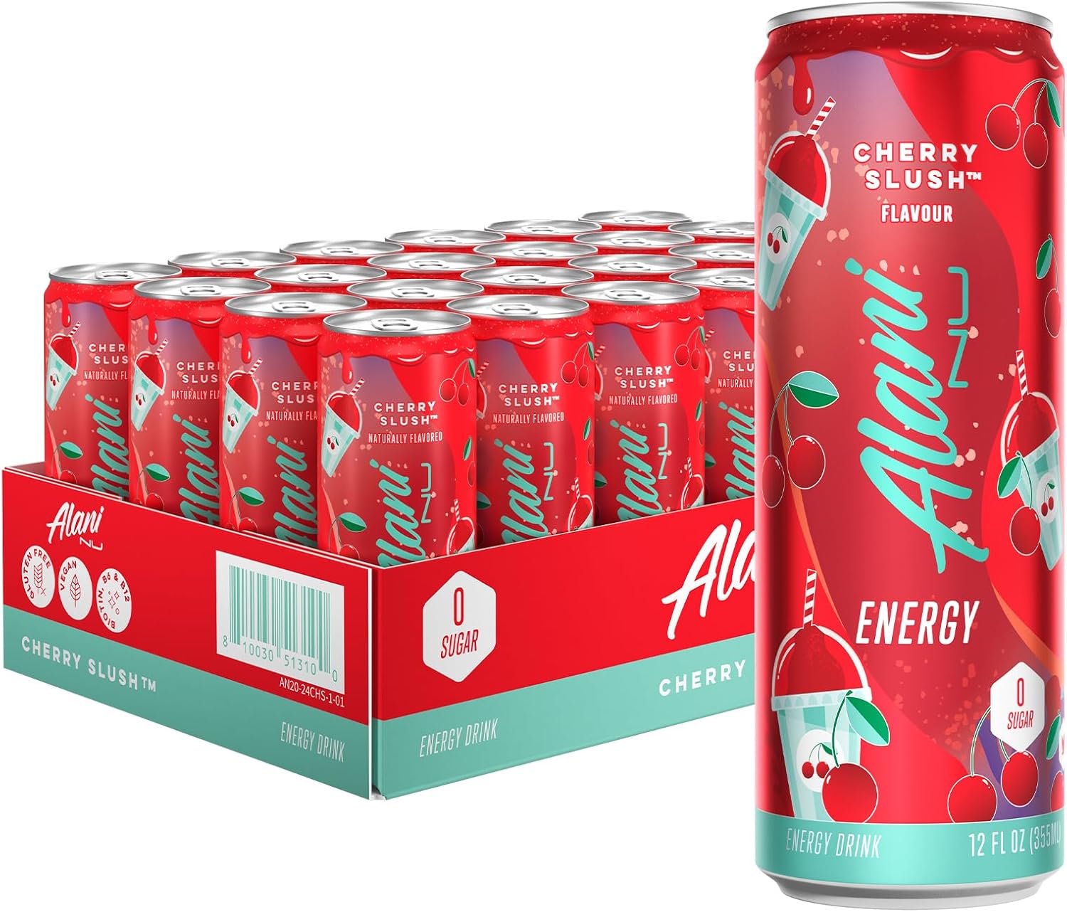 Alani Nu CHERRY SLUSH, Sugar Free, Low Calorie Energy Drinks, 200mg Caffeine, Biotin, B Vitamins, Zero Sugar, 10 Calories, 12 Fl Oz Cans, 24 Pack
