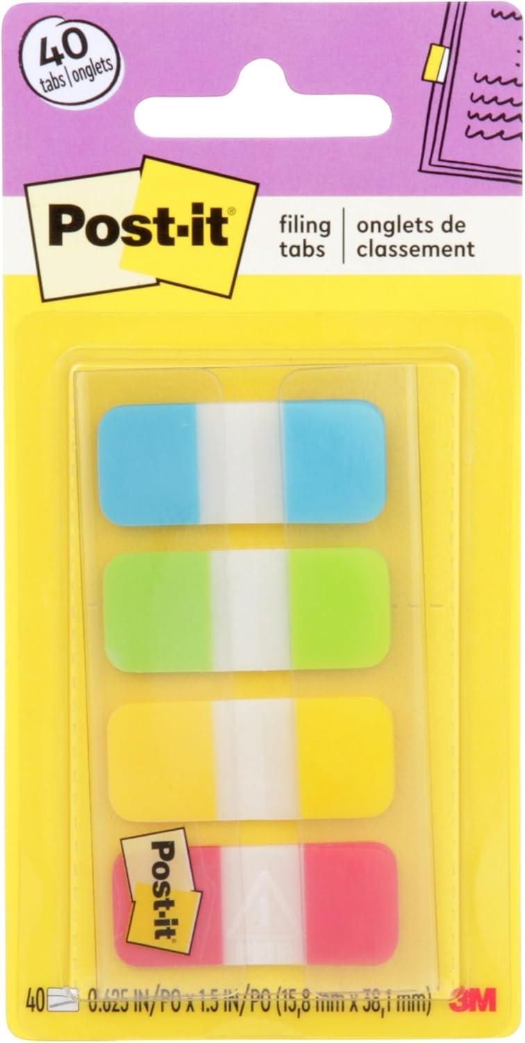 Post-it Tabs, .625 in Solid, Aqua, Lime, Yellow, Red, 10/Color, 40/Dispenser (676-ALYR)