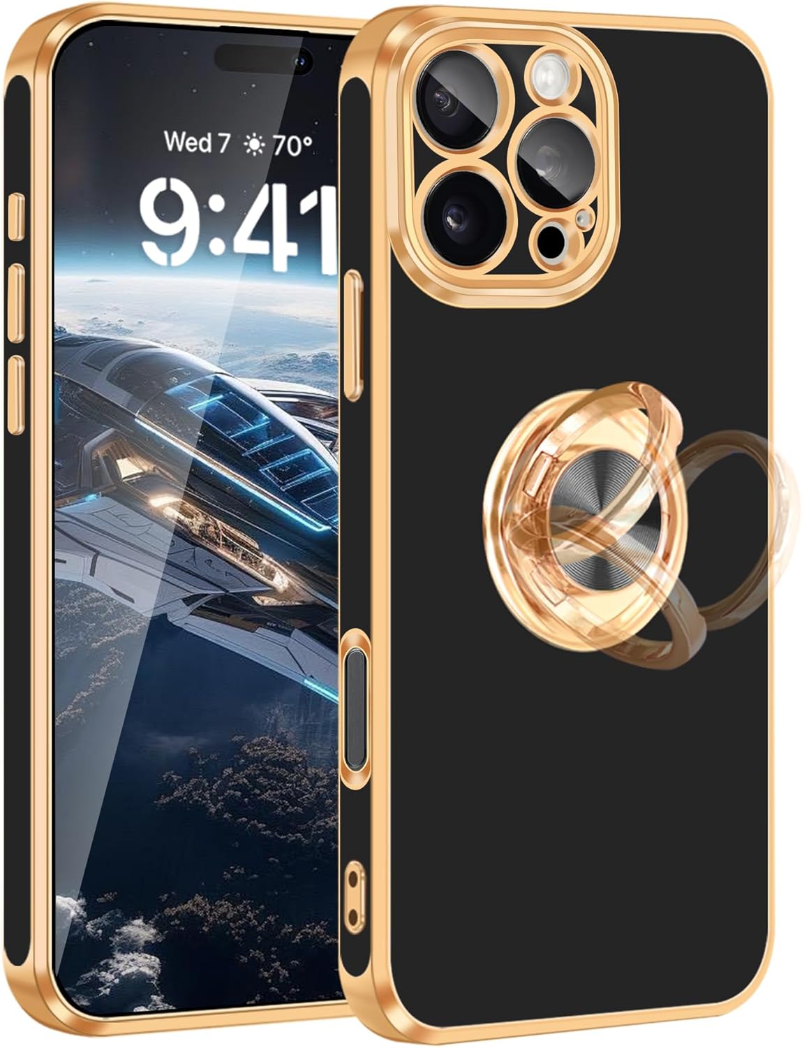 Fingic for iPhone 16 Pro Case[with 360°Rotatable Ring Holder][Support Magnetic Car Mount] Shiny Plating Gold Slim Thin Soft TPU Shockproof Case for iPhone 16 Pro for Women Men,6.3",2024,Black