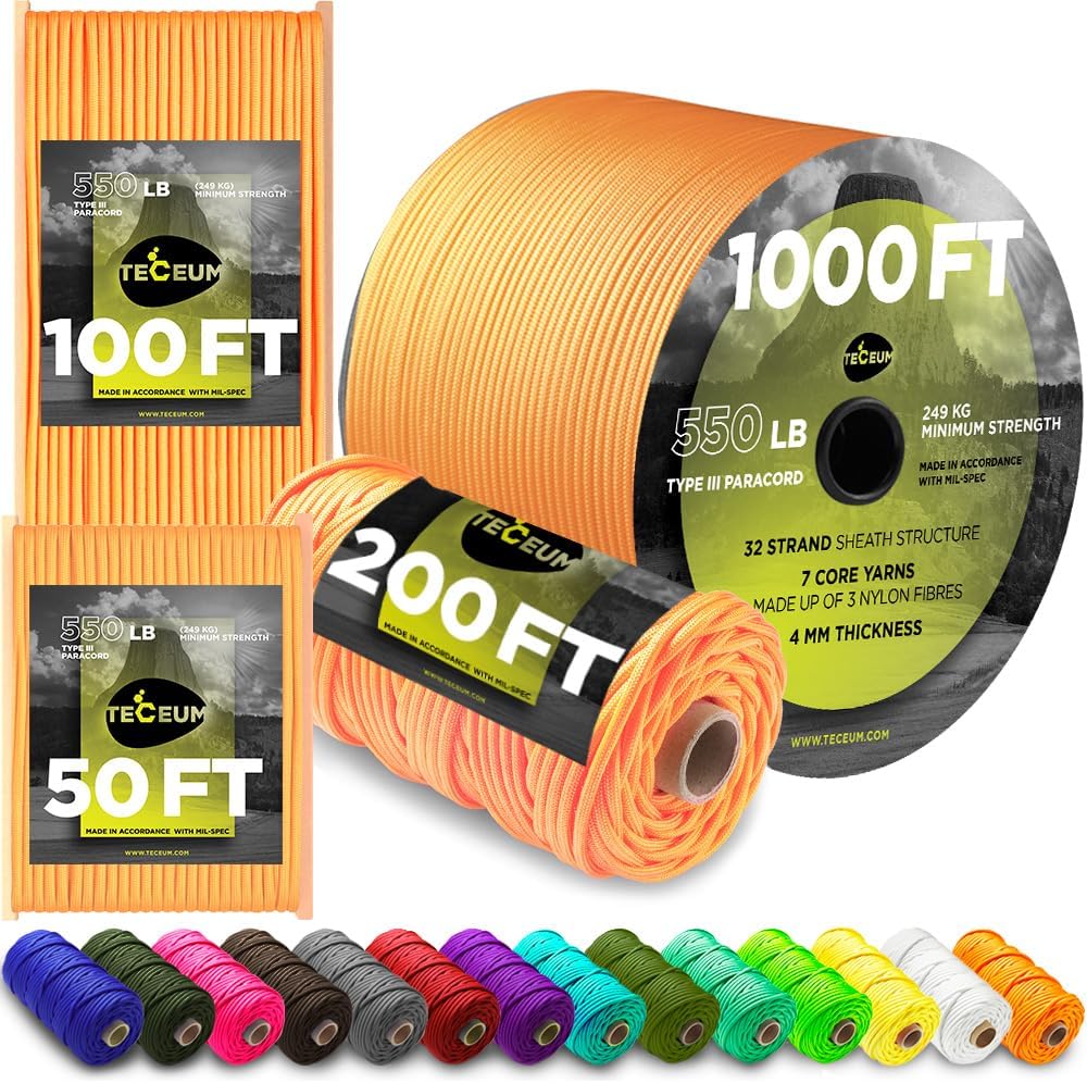 TECEUM Paracord Rope 550lb – 15m / 30m / 60m / 305m – Tactical Parachute Cord 4mm – 45+ Colors – Nylon String for Survival & Camping Gear – Stripe Cord for Survival – Utility Rope