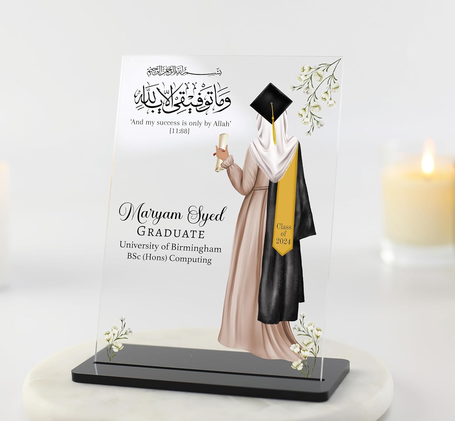 Floral Female Muslim Graduation Gift For Her, Success is only by Allah, Long Dress Hijab Personalised Islamic Gift, for Sister, Daughter, Best friend Graduate Acrylic Plaque