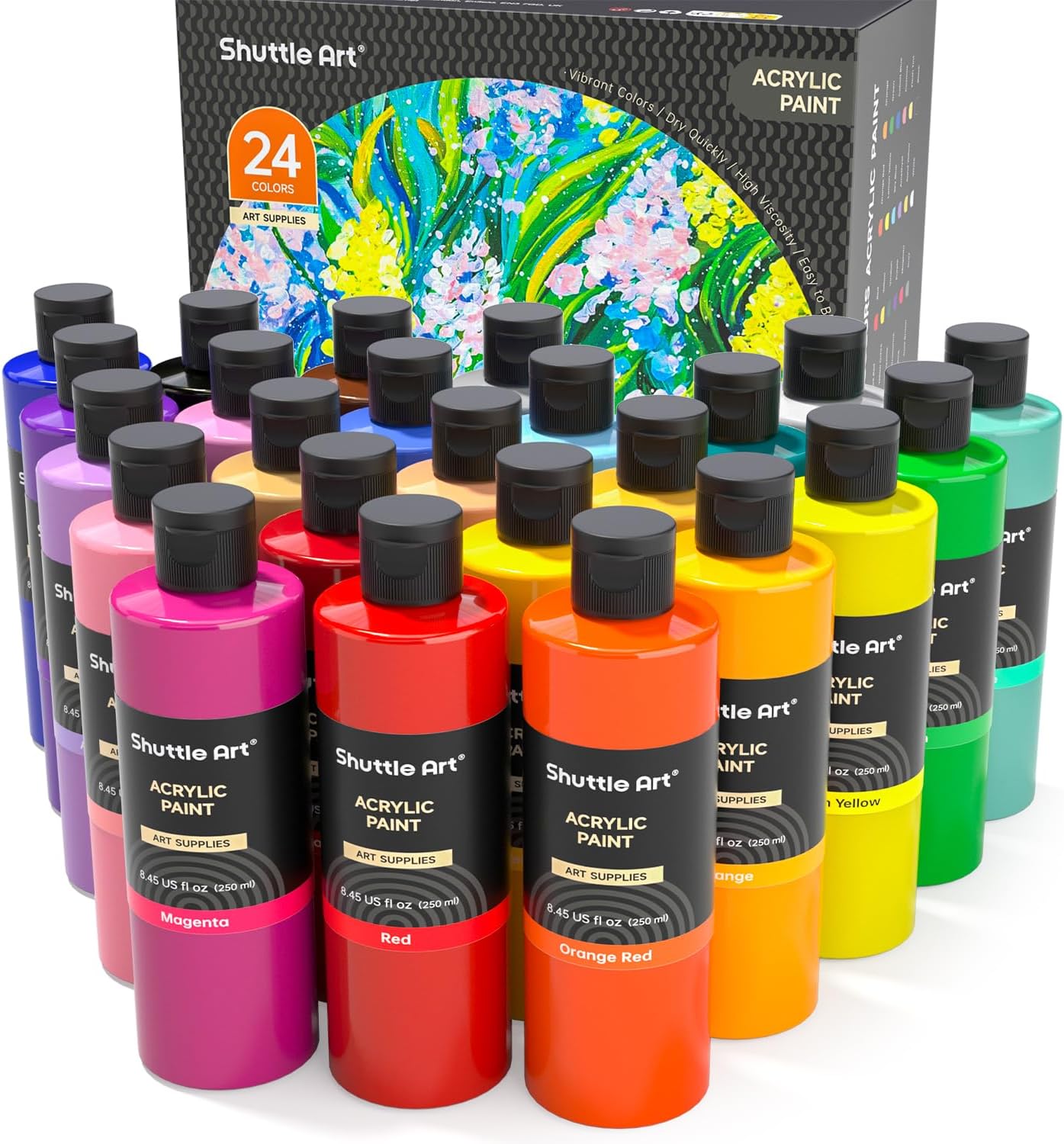 Shuttle Art Acrylic Paint, 24 Colors Acrylic Paint Bottle Set, 250ml/8.45oz Each, Rich Pigments, High Viscosity, Bulk for Artists, Beginners and Kids Painting on Rocks Crafts Canvas Wood