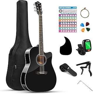 Moukey 41" Acoustic Guitar for Beginners Adult Teen Full Size Guitarra Acustica with Chord Poster, Gig Bag, Tuner,Steel Strings, Capo, Strap - Black