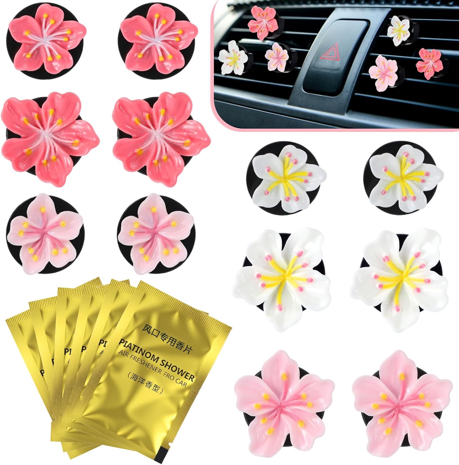 Timtin 12Pcs Cute Car Air Freshener Vent Clips Flower Air Vent Clips for Fresheners Pink Hawaiian Hibiscus and Cherry Blossom Car Accessories Aesthetic Interior Decor for Women Peach Blossom
