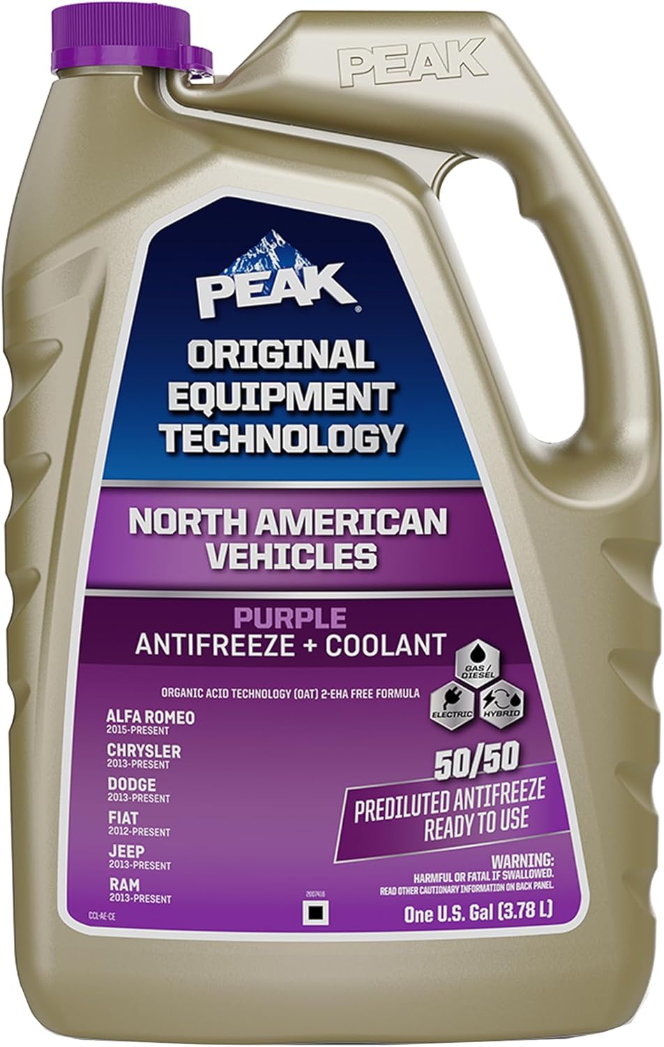 PEAK OET Extended Life Purple 50/50 Prediluted Antifreeze and Coolant for North American Vehicles, Long-Lasting Premium Engine Coolant/Antifreeze with Organic Acid Techology (Oat), 1 Gal.