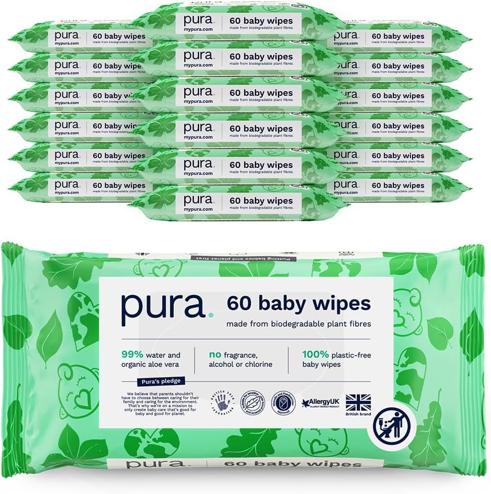 Pura Eco Baby Wipes - 18 x 60 per pack (1080 Wipes) 100% Plastic Free, 99% Water, Biodegradable, Unscented, Vegan, Monthly Pack, Suitable for Sensitive & Eczema Prone Skin