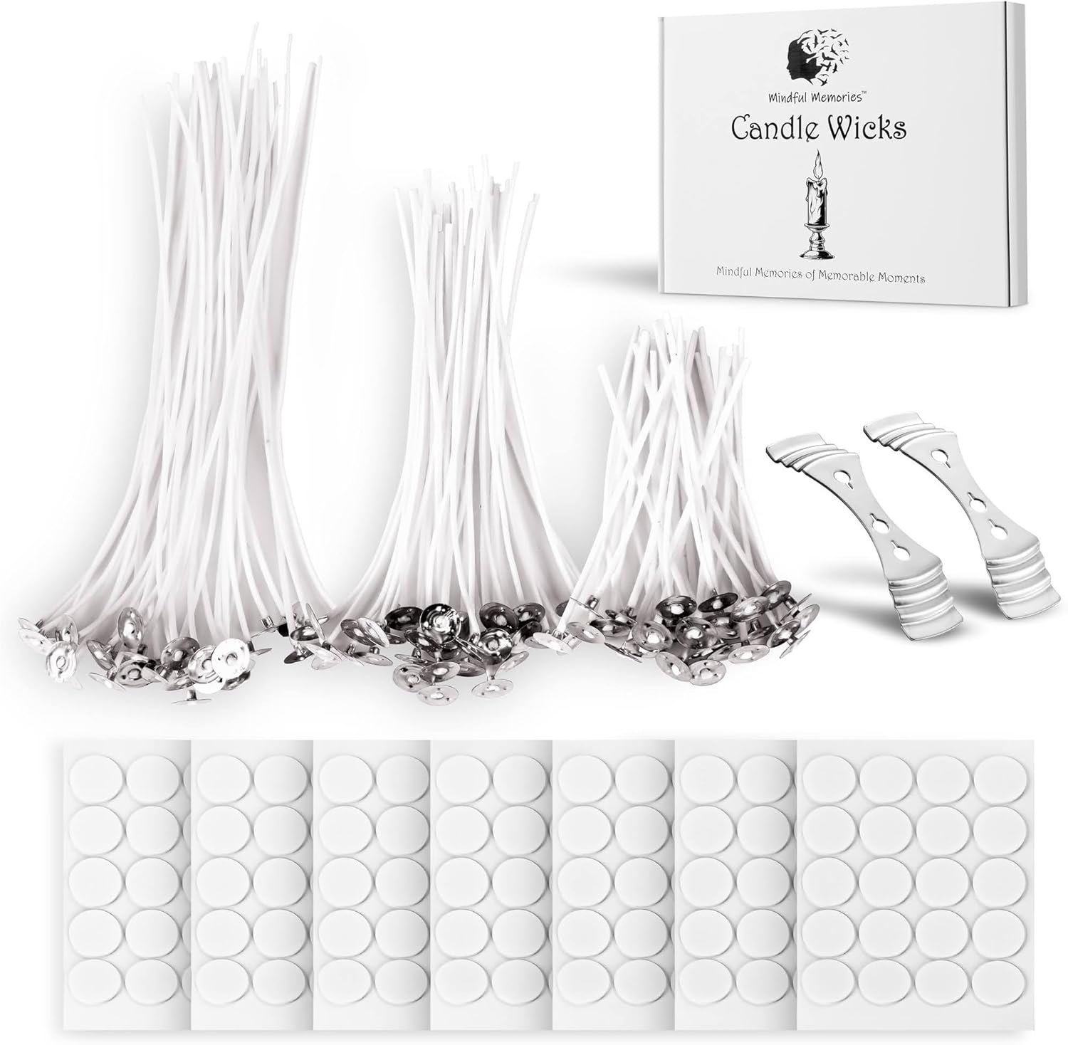Mindful Memories Candle Wicks 90 Pcs (10cm, 15cm, 20cm) with 2 Candle Wick Holders & 90 Glue Stickers, Long Lasting Pre-Waxed & Tabbed Cotton Threads with No Black Smoke for DIY Crafts