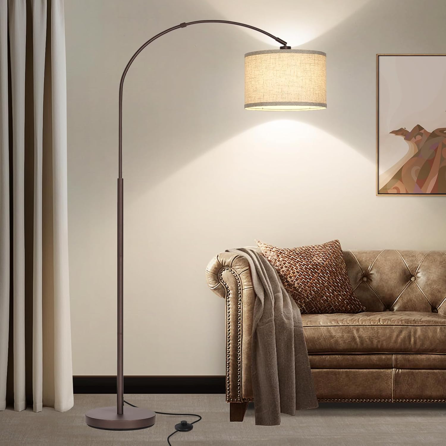 Seaside village Floor Lamp for Living Room, Arc Lamp with Adjustable Head, Modern Tall Lamp with On/Off Pedal Switch, Over Couch Standing Hanging Light for Reading, Bedroom, Office (Brown)