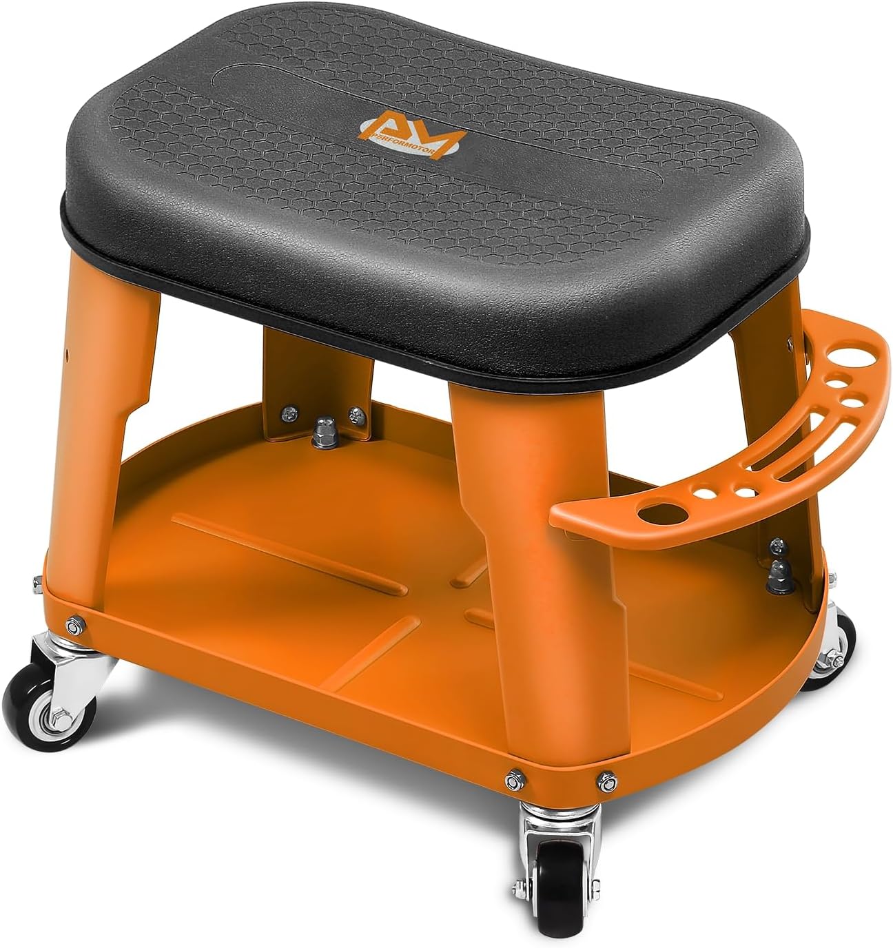 PM PERFORMOTOR Adjustable Height Pneumatic Garage Seat Rolling Mechanic Stool with Tool Tray Storage,300lbs Max Weight Capacity, Orange,PM-TOL-RTS-OG