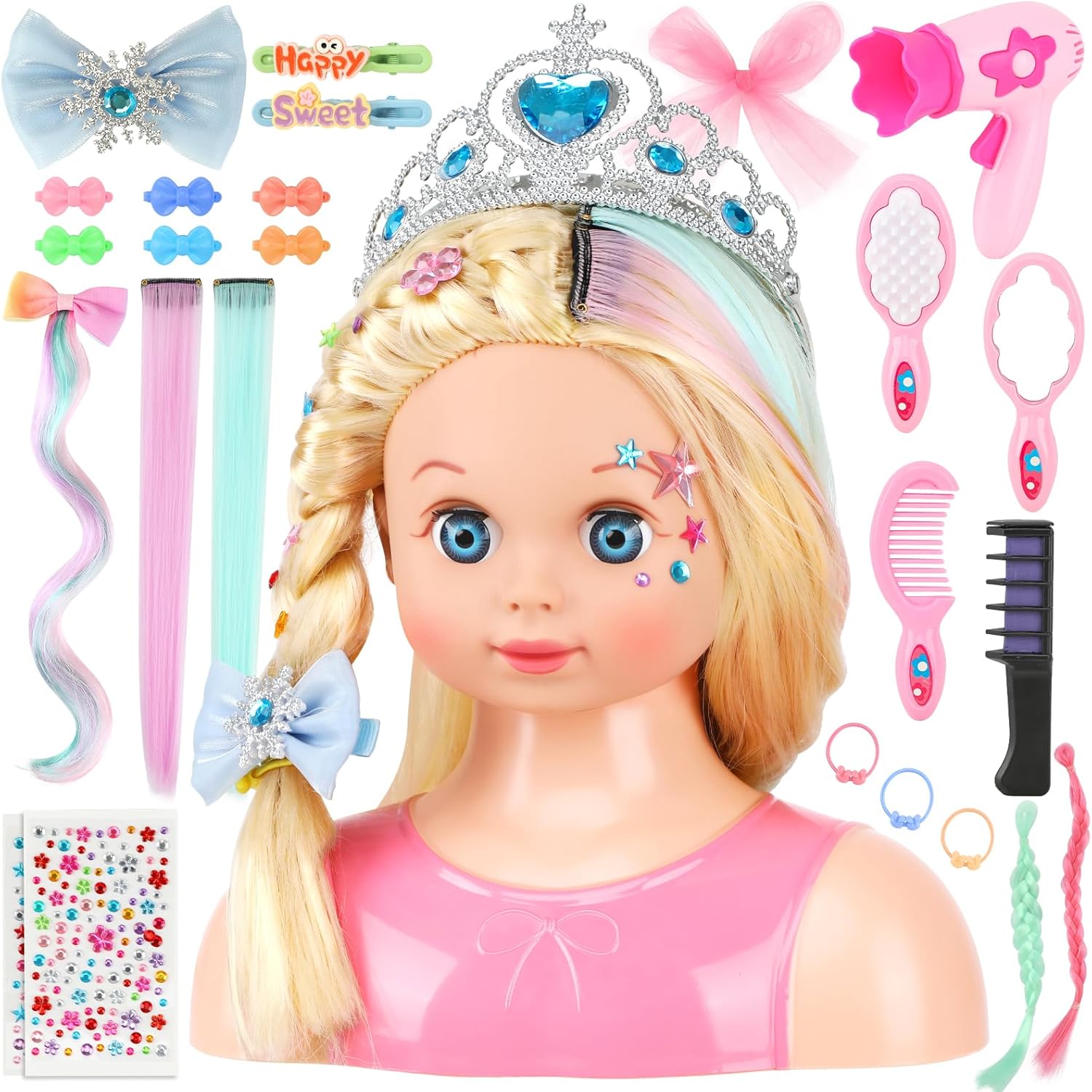 Styling Head Doll for Kids with 25-Piece Hairdressing Set - Colourful Extensions, Royal Accessories & Washable Chalk - Make Up Dolls Head for Girls Aged 3+, Gifts Birthday Role Play Toys