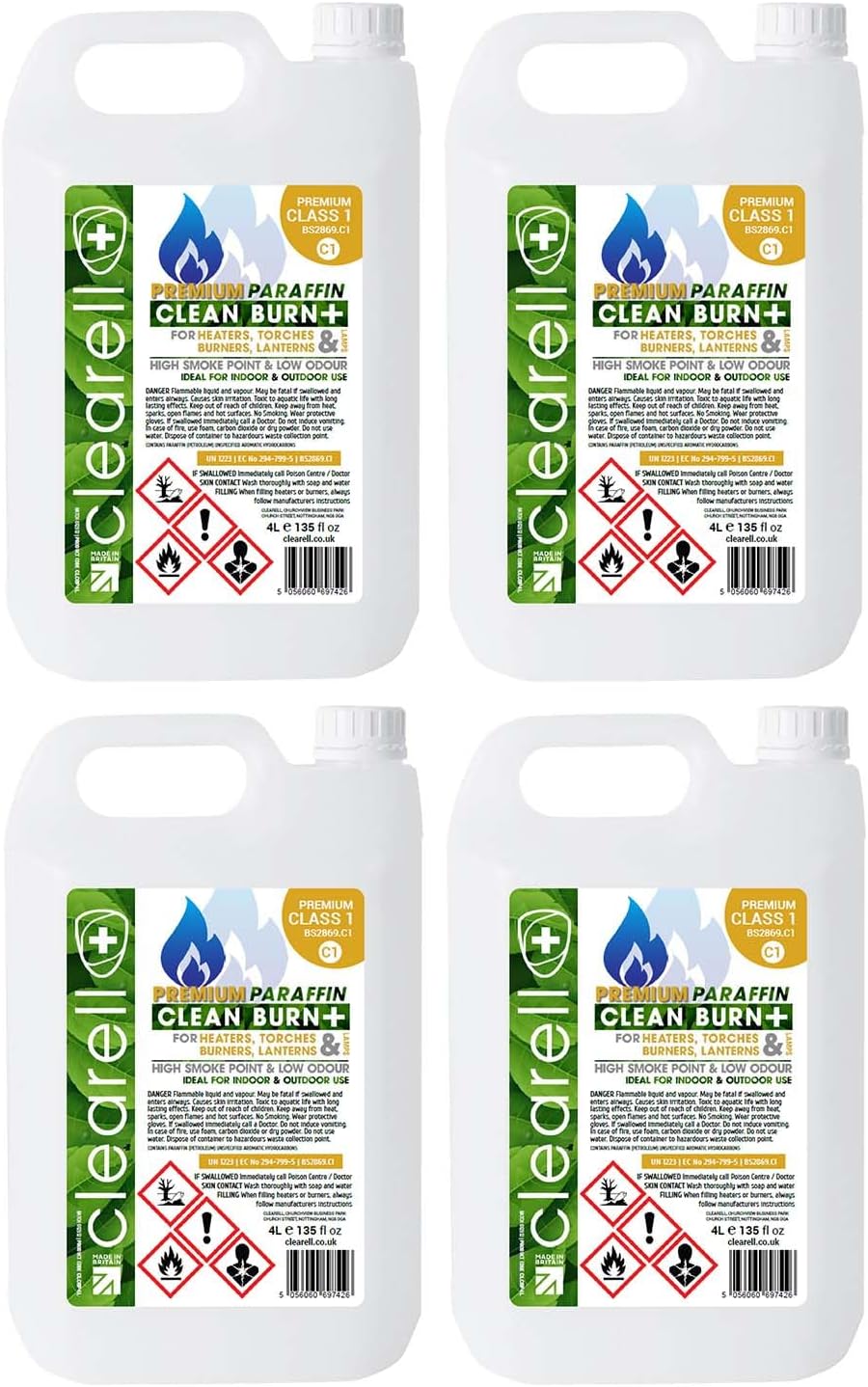 Clearell 20L | Pack of 4 x 5L | CLEAN BURN Premium Paraffin Class 1 Grade | BS2869 C1