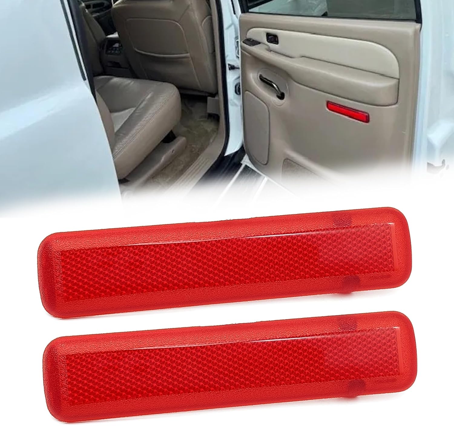 1 Pair Rear Left Driver and Right Passenger Side Door Red Reflector Panel, Safety Alert Light Cover, Compatible with Chevrolet GMC Yukon 2003-2007, Replaces Part # 15183155, 15183156