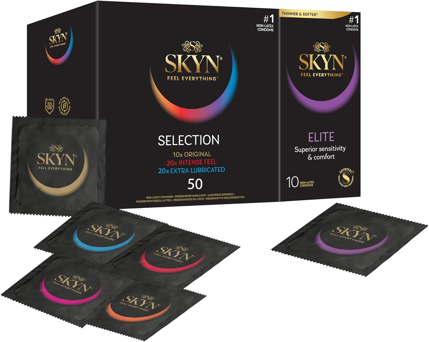 SKYN Selection Condoms Pack of 50 & Elite Condoms Pack of 10 / Skynfeel Latex Free, 10 x Original, 10 x Intense Feel, 10 x Extra Lube, Regular Size, Ultra-Thin