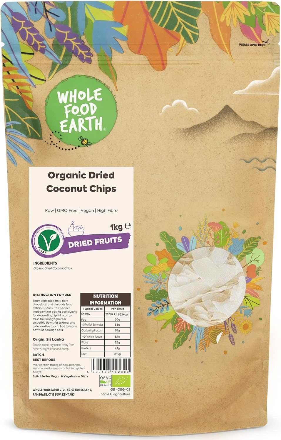 Wholefood Earth Organic Dried Coconut Chips – 1 kg | Raw | GMO Free | Vegan | High Fibre | Certified Organic
