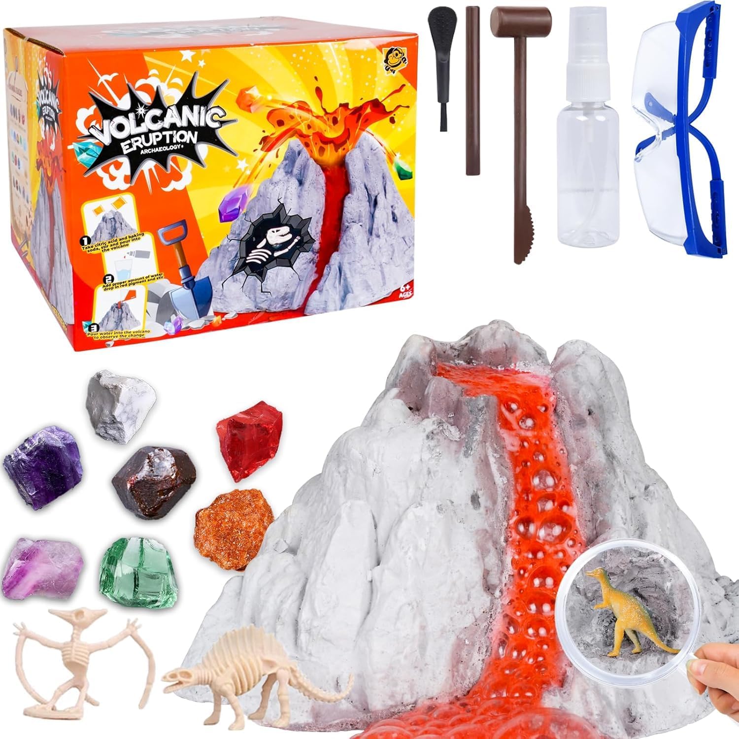 janeunique Volcano Science Experiments for Kids & Fossil Digging Kit for Kids - Erupting Volcano Lab with Dinosaur Fossils & Gemstones, Hands-On Learning Toy to Boost Creativity & Family Bonding