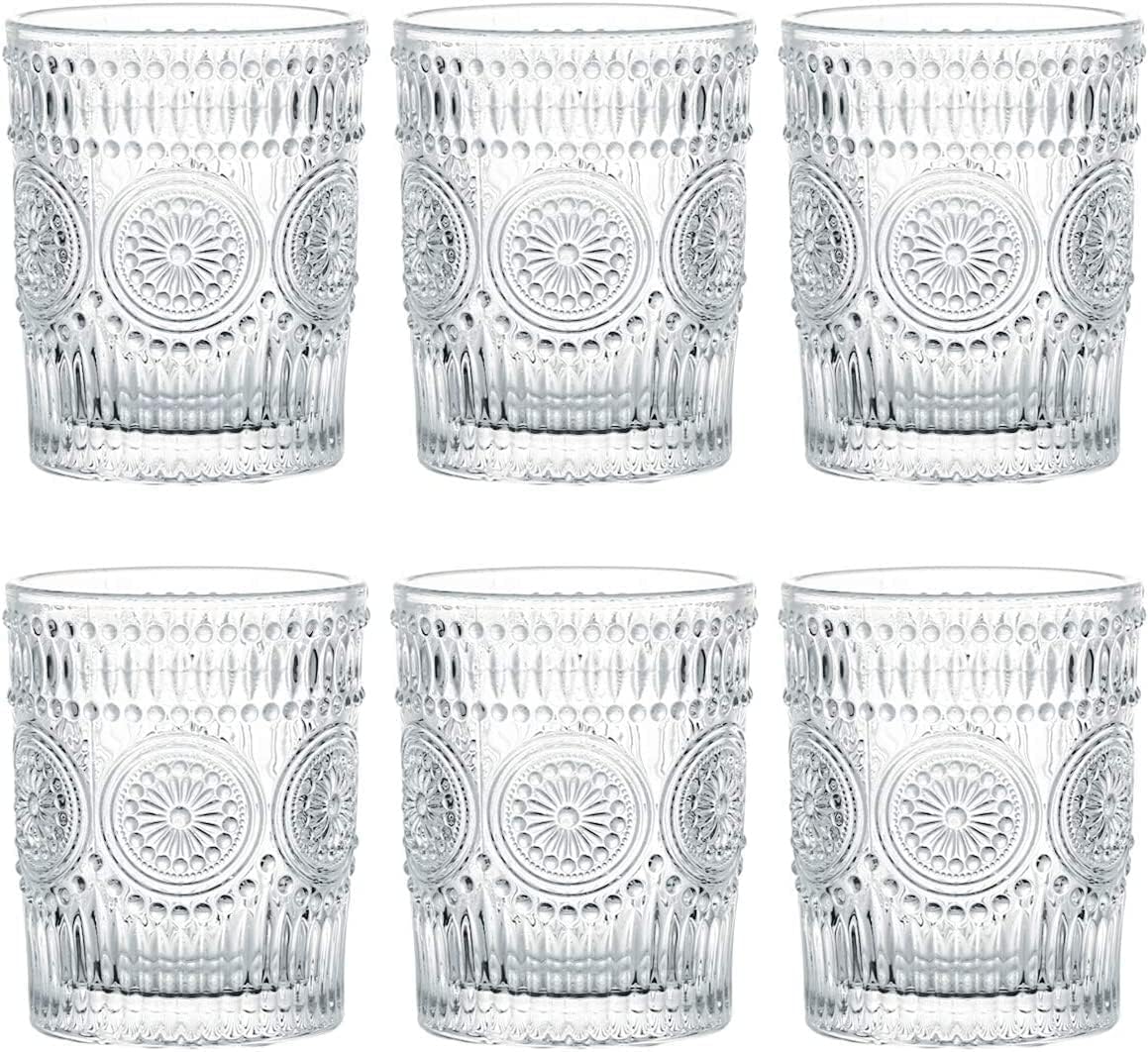 MEETOZ 6 Pack 9.5 oz Romantic Water Glasses, Premium Drinking Glasses Tumblers, Vintage Glassware Set for Whisky, Beer, Juice, Beverages, Cocktail
