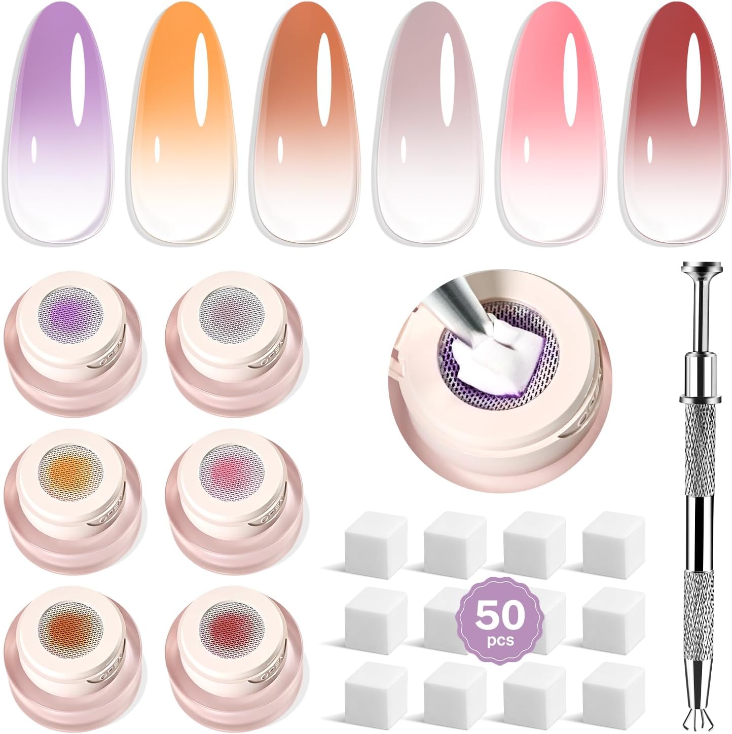 JODSONE Pat Ombre Gel, 6 Colors Pat Painting Gel Nail Polish Kit with Manicure Pen And 50 Pcs Nail Sponges, Ombre Nail Gel Paint for Nail Art