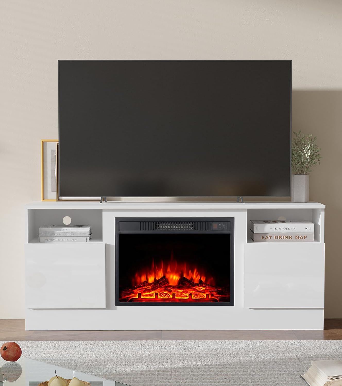 M.C.Haus Electric Fireplace with TV Stand 147.3cm, 23” Fireplace Insert, Highlight Door Cabinet, Media Entertainment Center with 2 Open Shelves, Long Table for Living Room, White