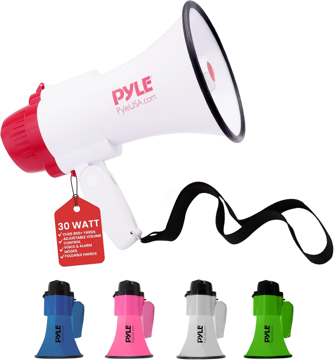 Pyle Megaphone Speaker PA Bullhorn - with Built-in Siren 30 Watt Voice Recorder & 800 Yard Range - Ideal for Football, Soccer, Baseball, Hockey, Basketball, Cheerleading Fans & Coaches - PMP35R